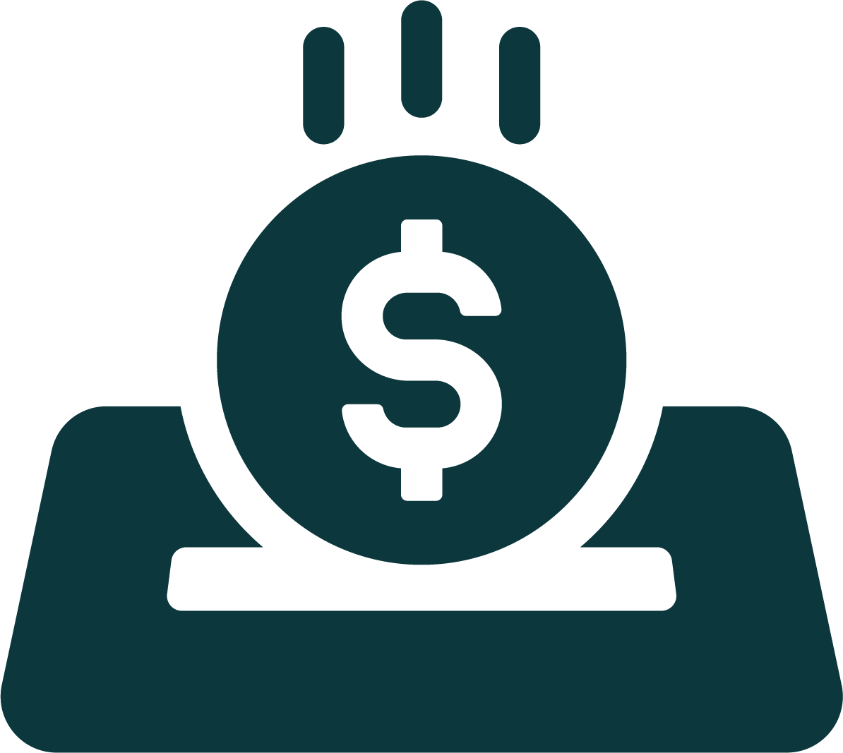 Illustration of a dollar sign on a coin, with a hand and a table beneath it.