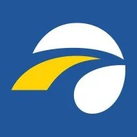 A logo with a blue background, a white semi-circle at the top, and a yellow curved arrow pointing right underneath the semi-circle.