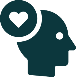A silhouette of a human head with a small figure of a person inside it and a heart icon near the head.