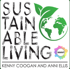 Logo with the words 'Sustainable Living' in a stylized font, a green leaf and globe, and the WMNF logo.