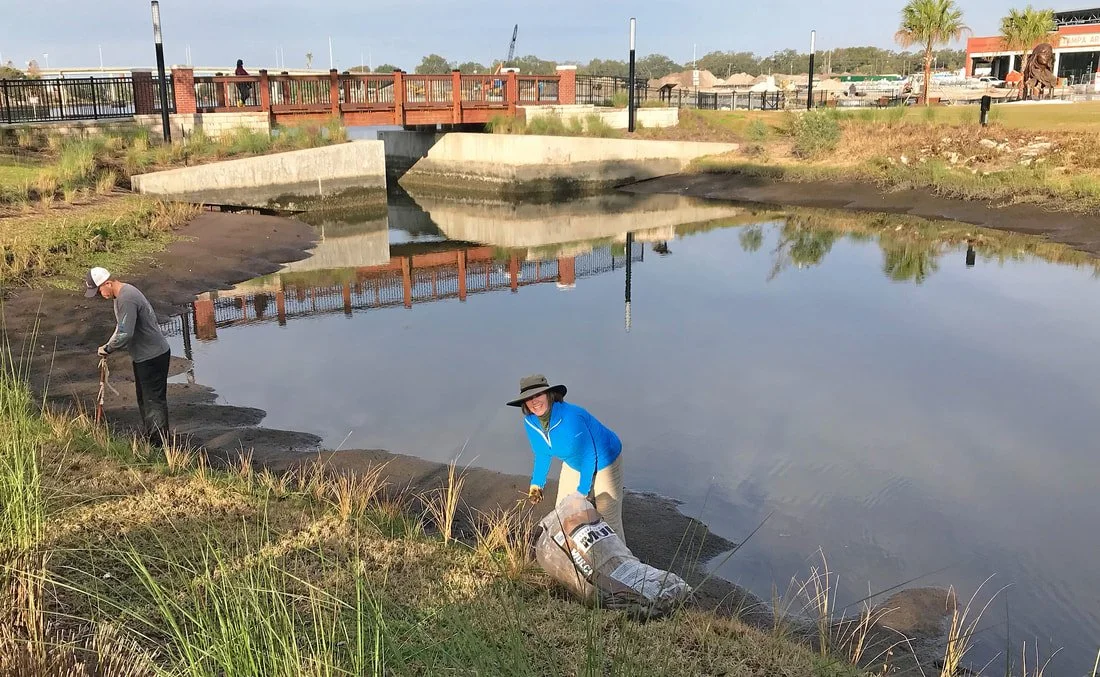 Two people are cleaning or maintaining a small pond or water feature outdoors, with one person raking and the other collecting debris in a bag. There is a bridge and a fence in the background, with some trees and buildings visible.