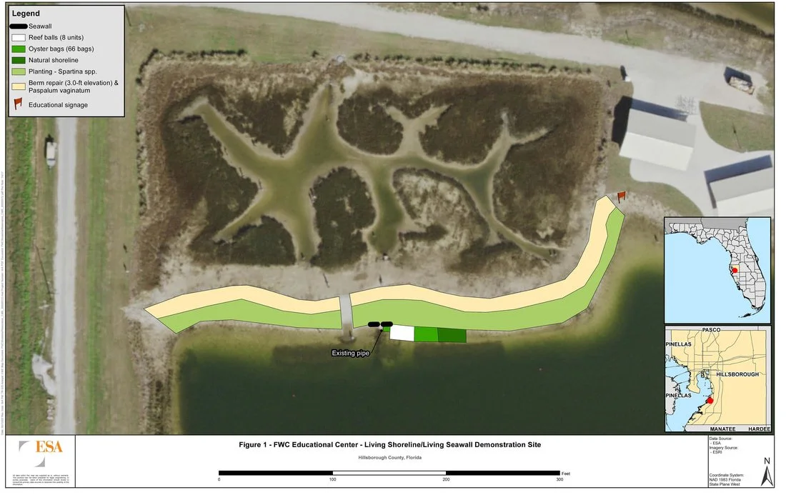 Aerial view of a shoreline restoration project at Living Shoreline/Living Seawall Demonstration Site in Hillsborough County, Florida, with a diagram showing features like seawalls, reef balls, oyster bags, natural shoreline, planting areas, berm repair, existing pipe, educational signage, and a butterfly-shaped island or formation in the water.