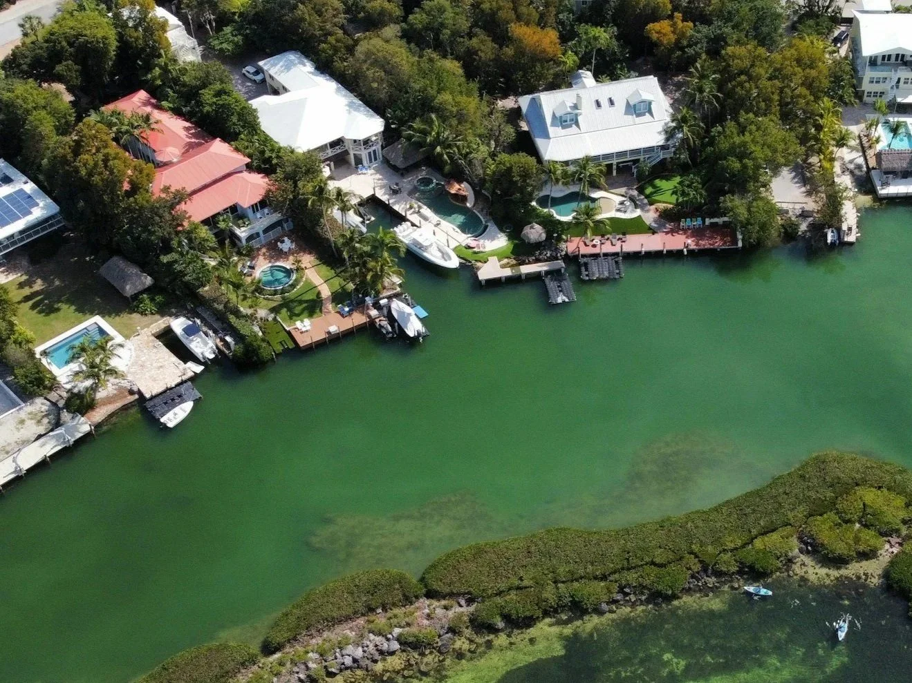 Aerial view of waterfront houses with pools, docks, and boats along a green waterway in a tropical setting with lush trees and vegetation.