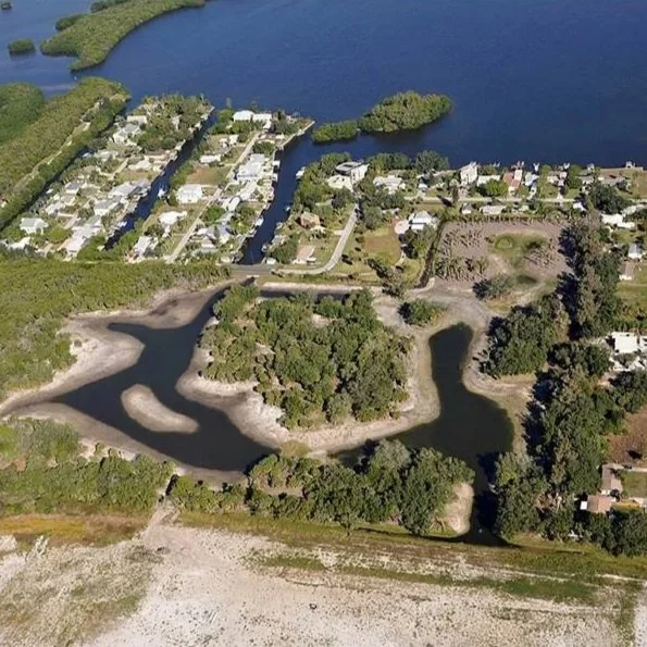Aerial view of a suburban neighborhood near a large body of water with smaller lakes and green trees.