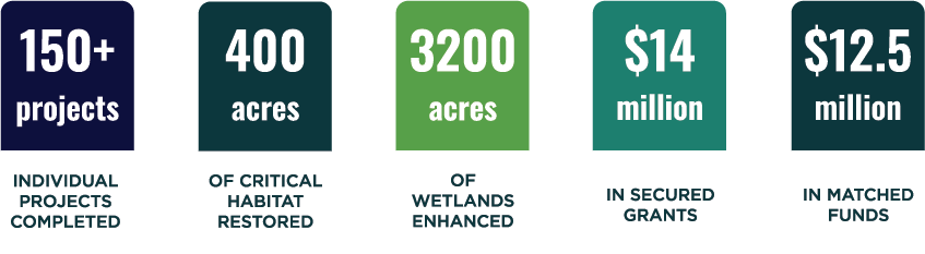 Infographic showing environmental conservation milestones: 150+ projects completed, 400 acres of critical habitat restored, 3200 acres of wetlands enhanced, $14 million secured in grants, and $12.5 million in matched funds.