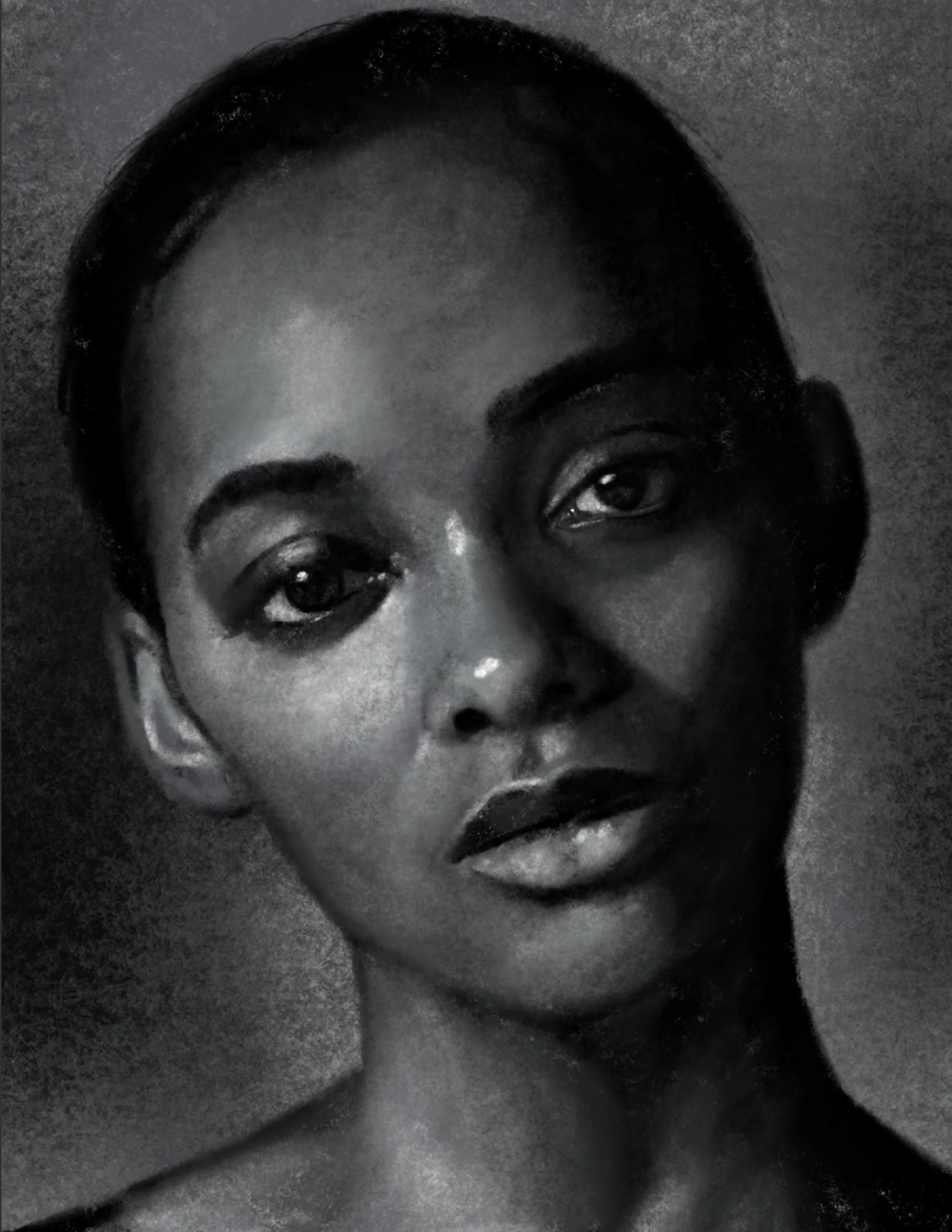 Close-up black and white portrait of a woman with short hair, showing her eyes, nose, and lips.