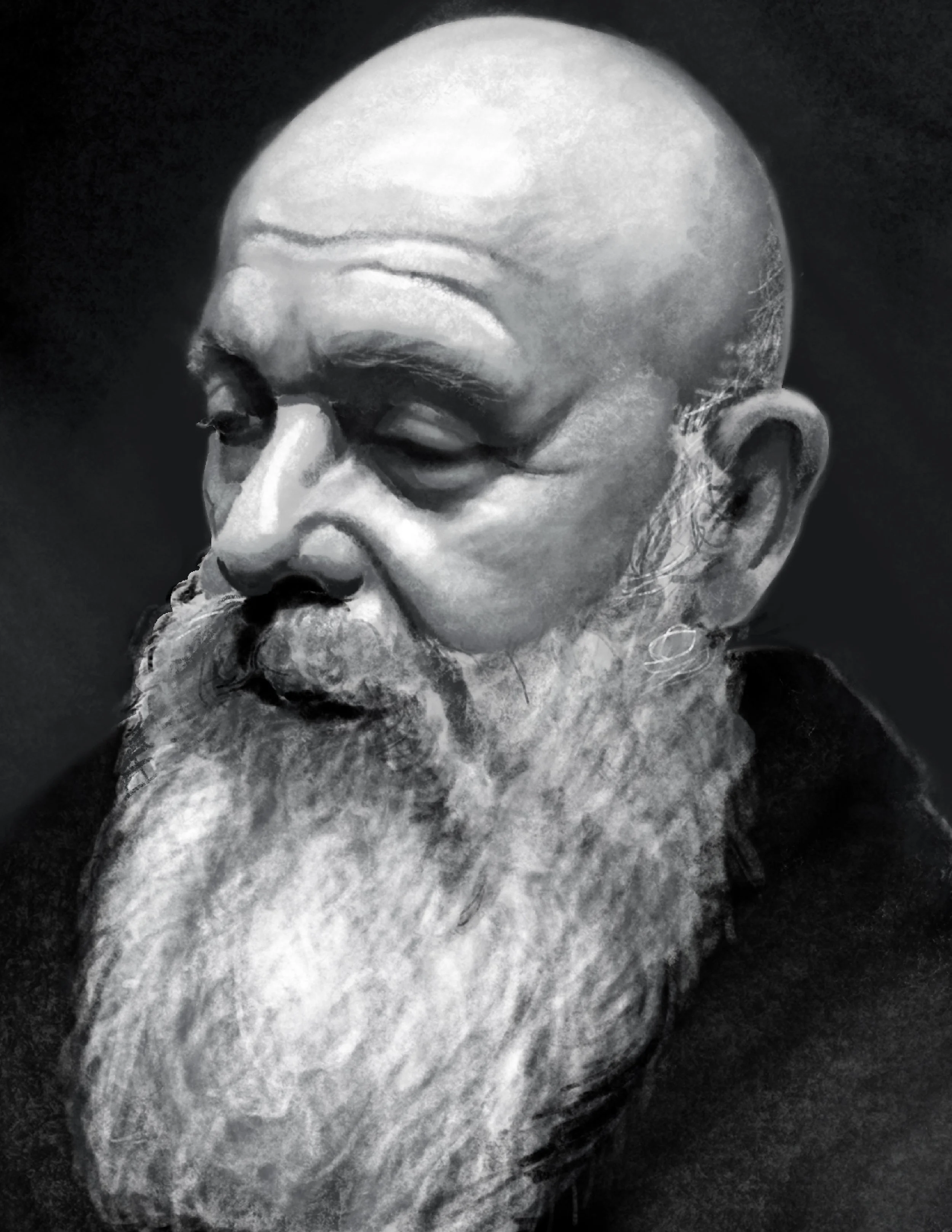 A black and white photo of a man with a bald head and a full beard, with his head slightly tilted downward and eyes closed.
