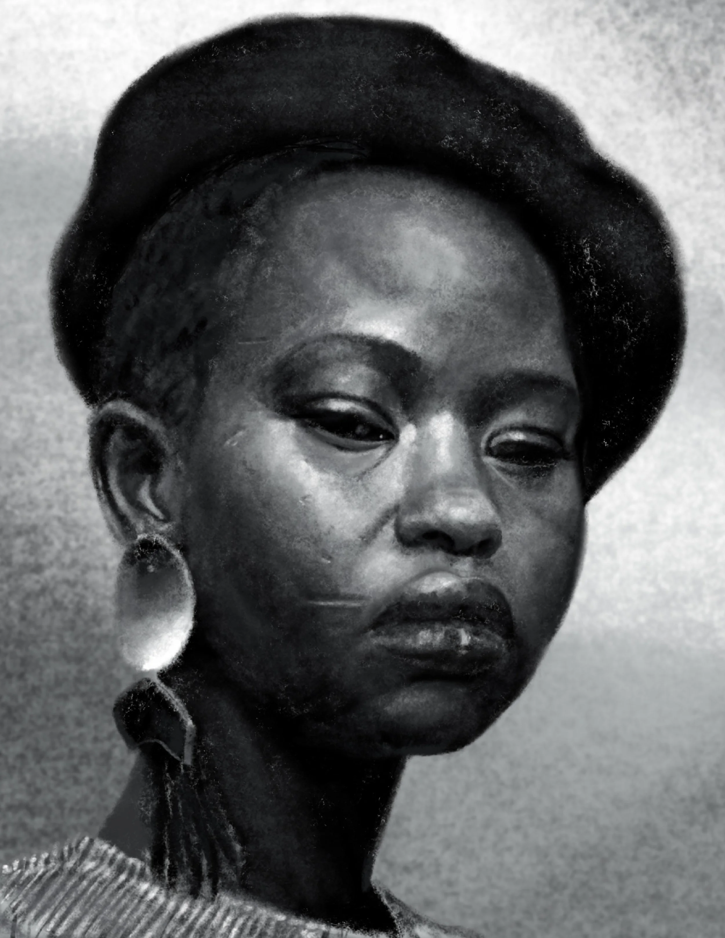 Close-up black and white photograph of a woman wearing a hat, earrings, and makeup, with a textured background.
