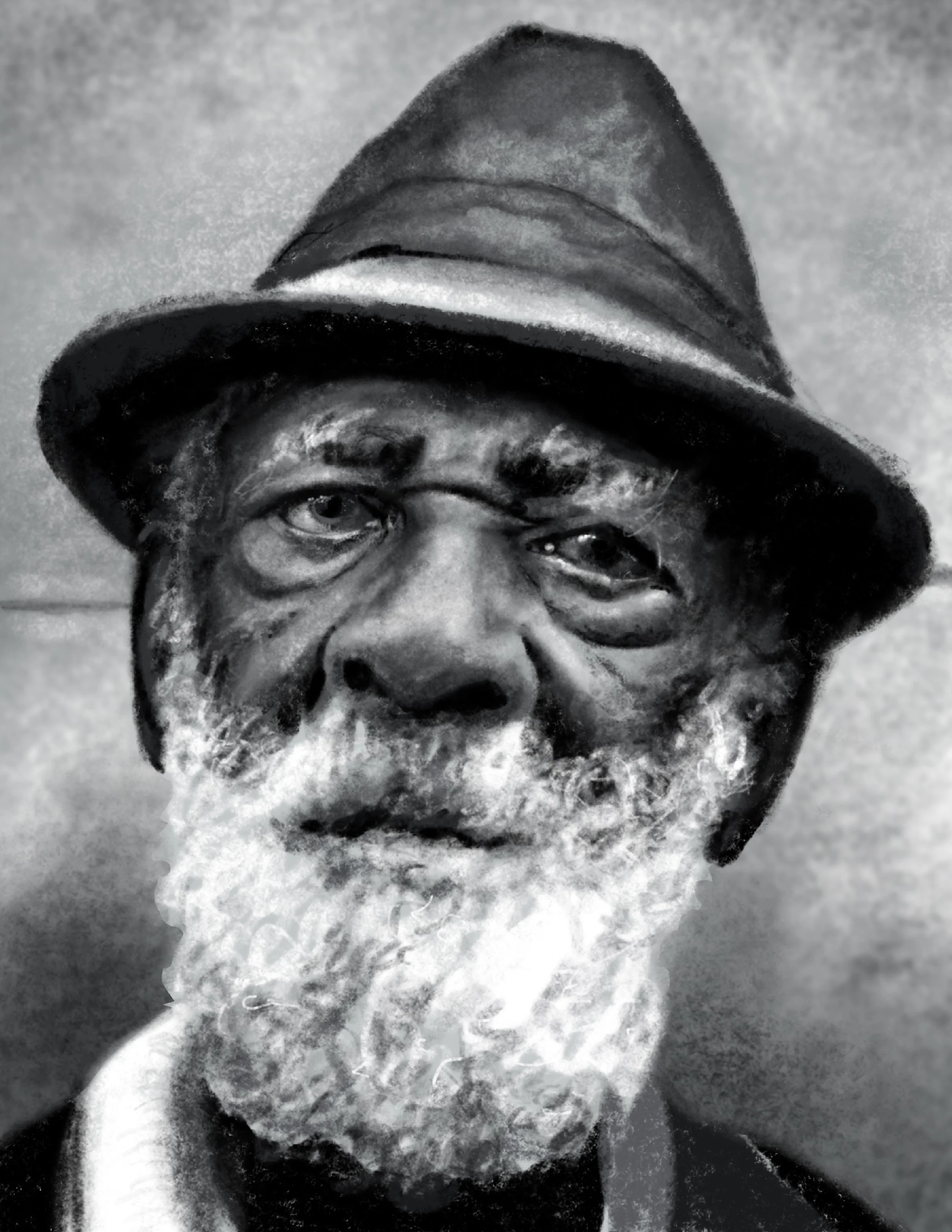 Black and white portrait of a man with a beard wearing a wide-brimmed hat, looking directly at the camera.