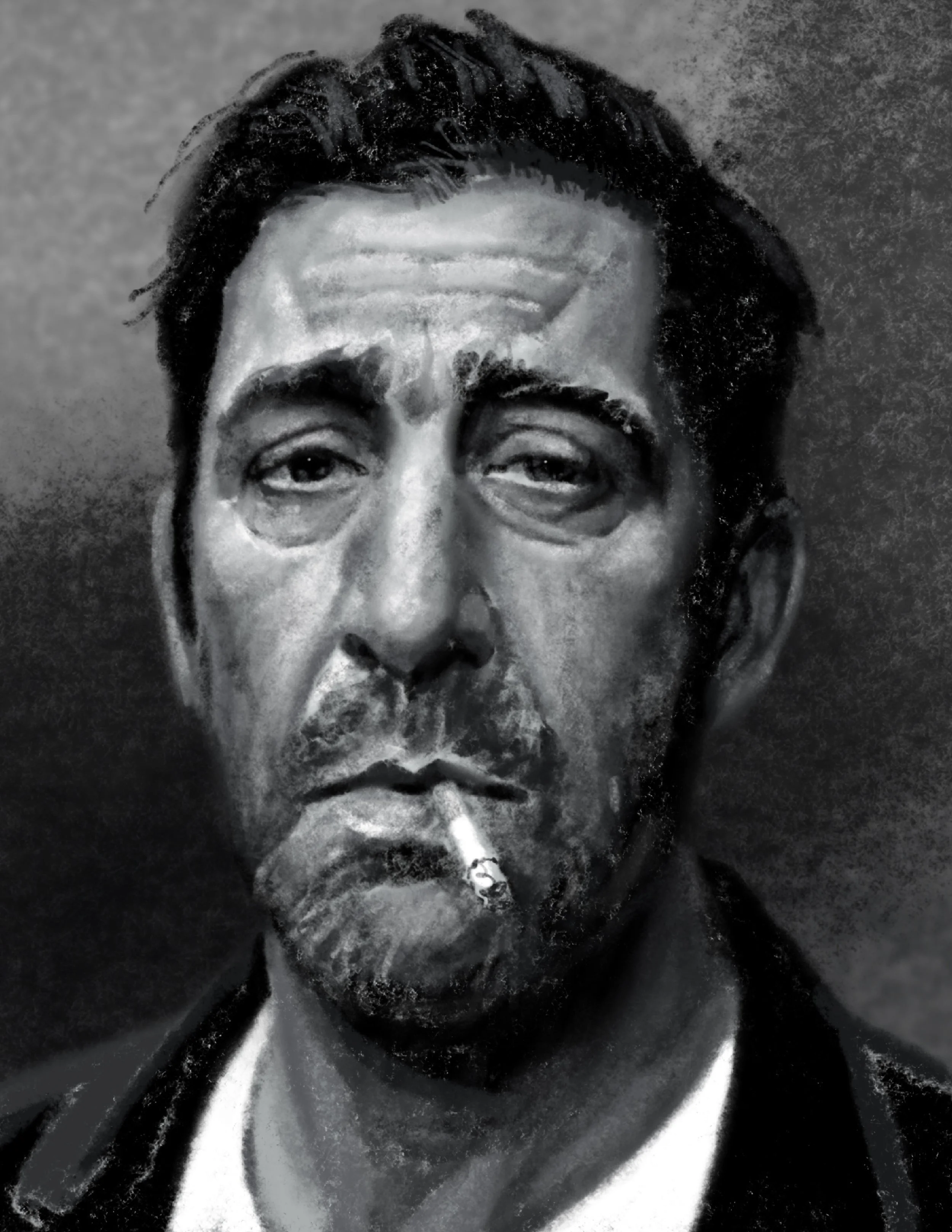 A black and white photo of a man with messy hair, eyes partially closed, and a cigarette in his mouth.