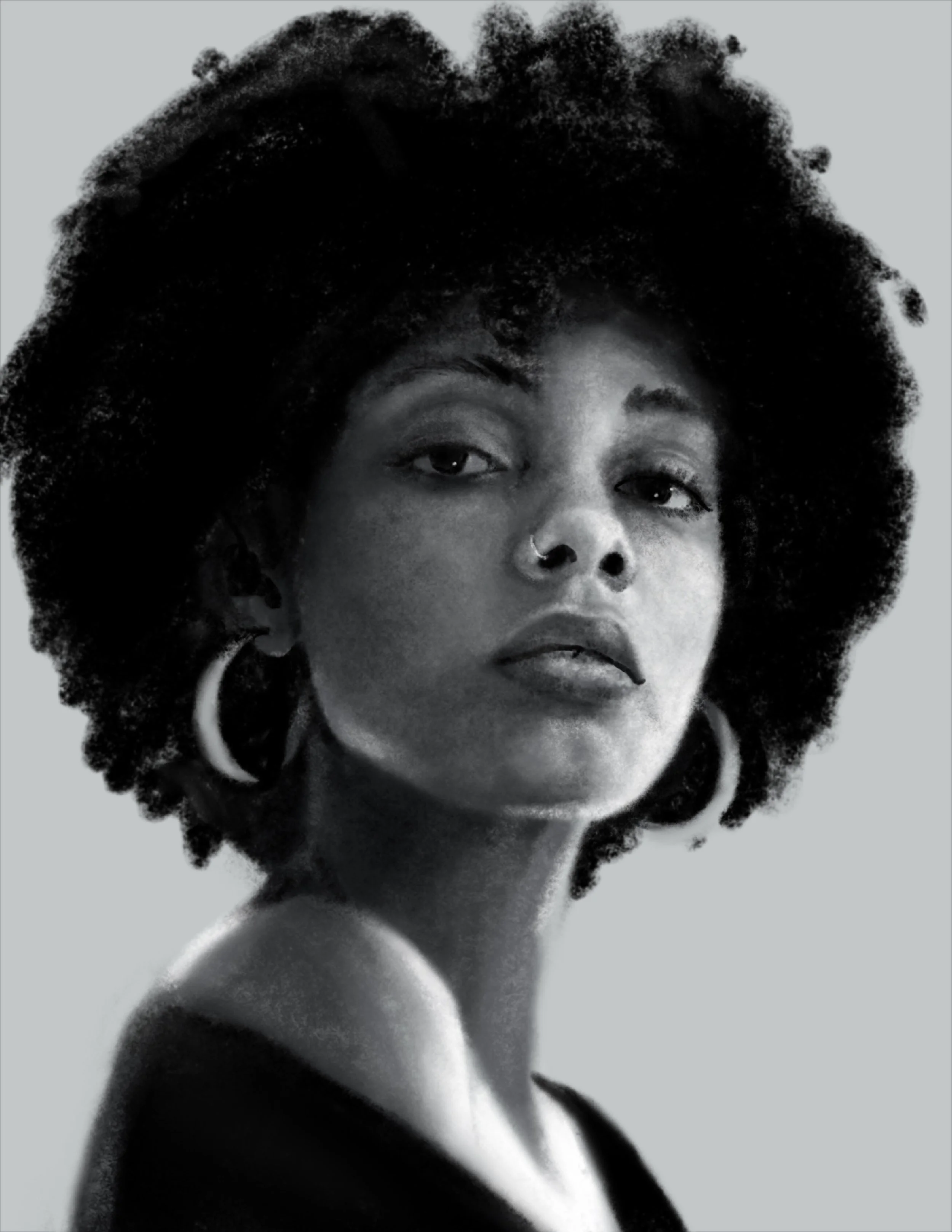 Black and white photo of a woman with natural curly hair, wearing large hoop earrings, with a shoulder visible, posed with her head cast back and eyes half-closed.
