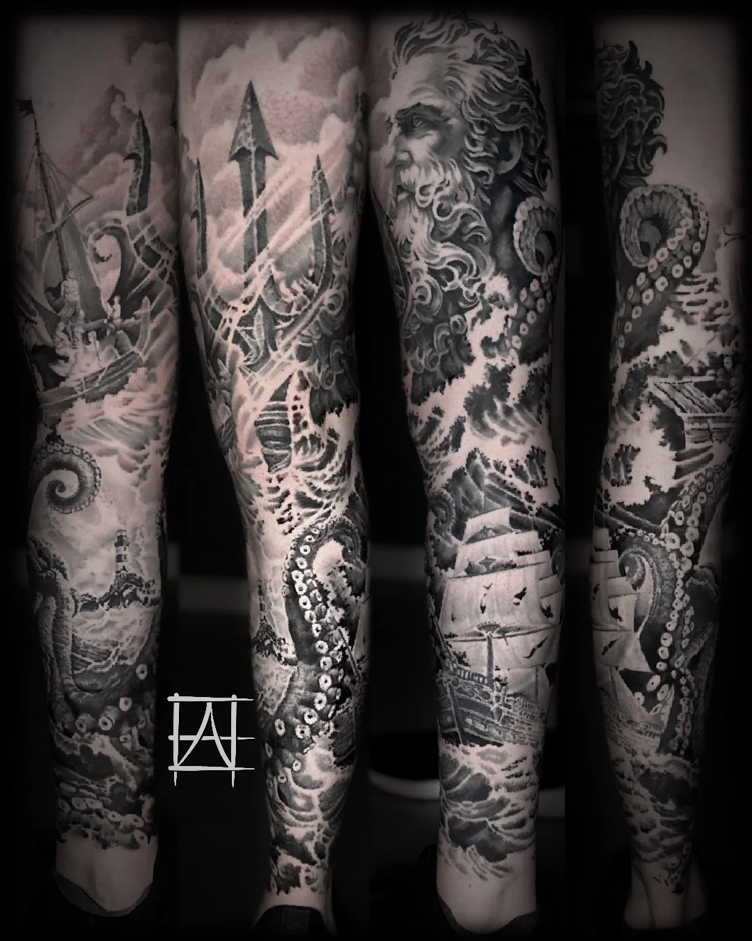 Black and gray tattoos covering both legs, featuring a Viking ship, an ancient warrior, a stormy sea, and intricate designs inspired by mythological themes. The work was completed at a tattoo studio in Louisville, Kentucky. 