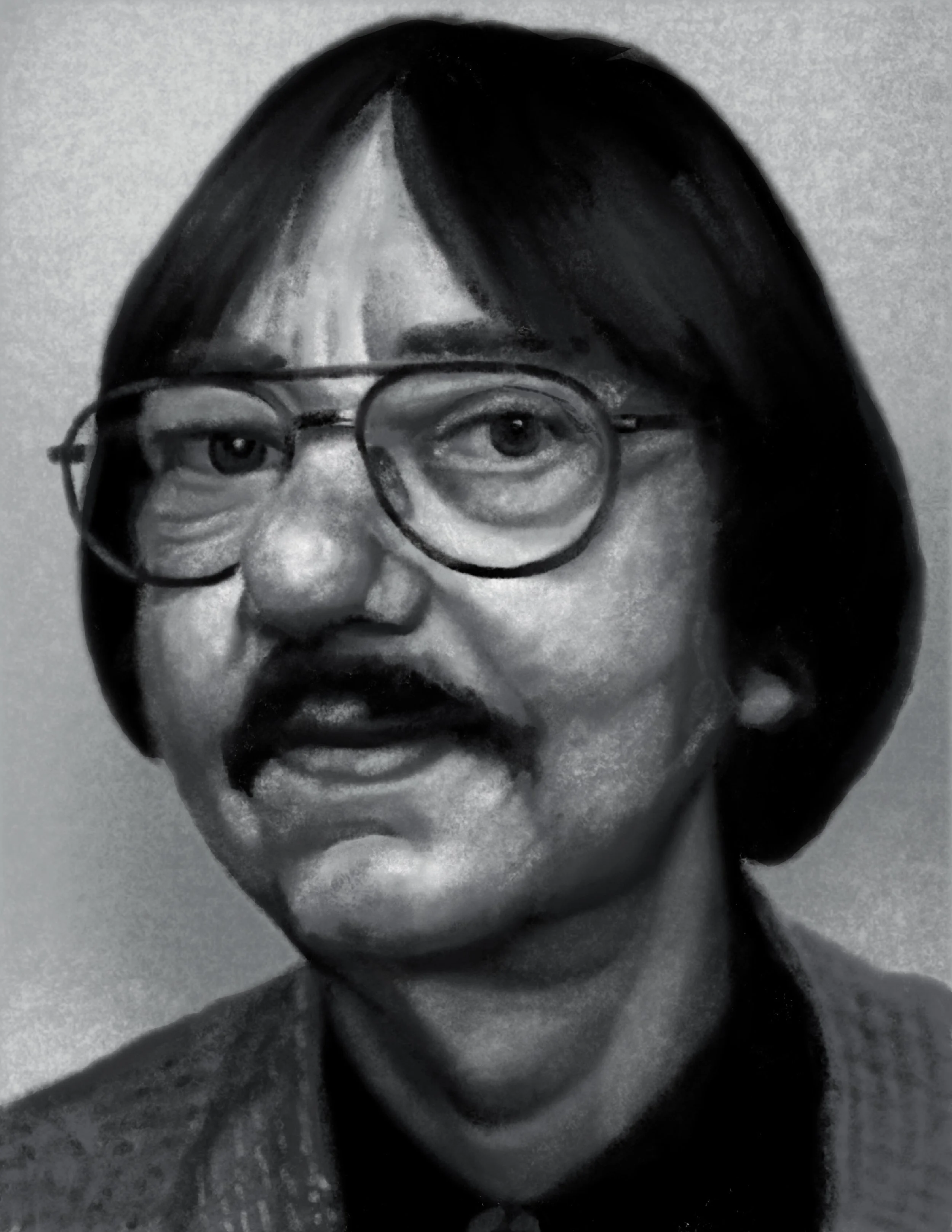 Black and white portrait of a man with glasses, facial hair, and long hair.