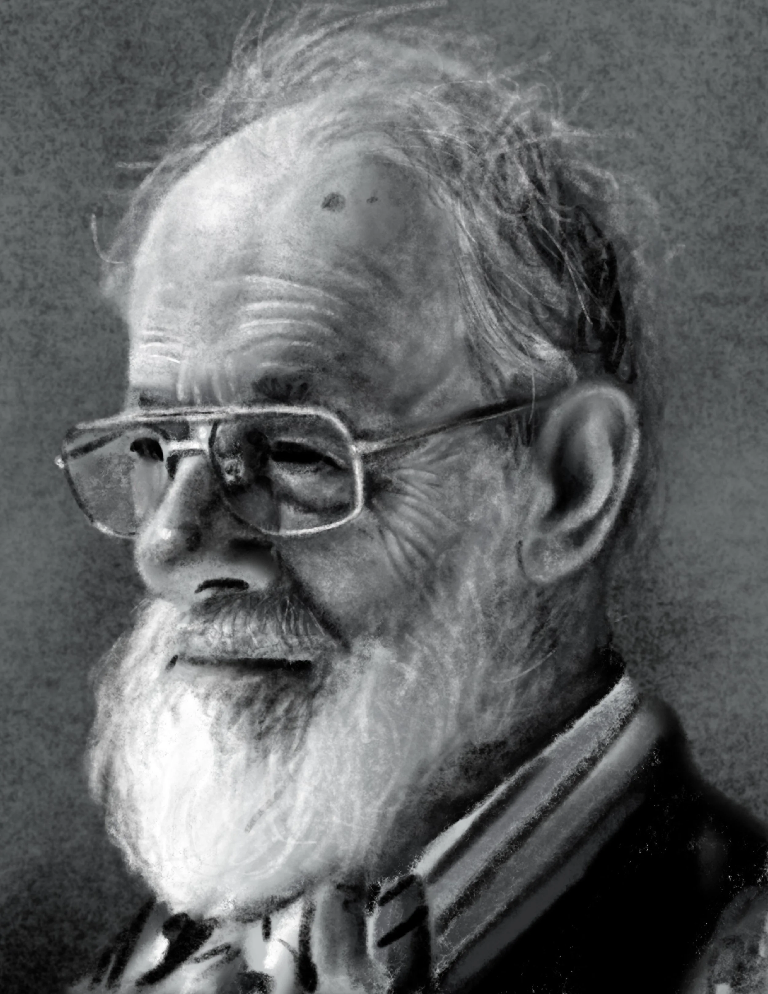 A black and white pencil sketch of a man wearing glasses and a beard, with a serious expression.