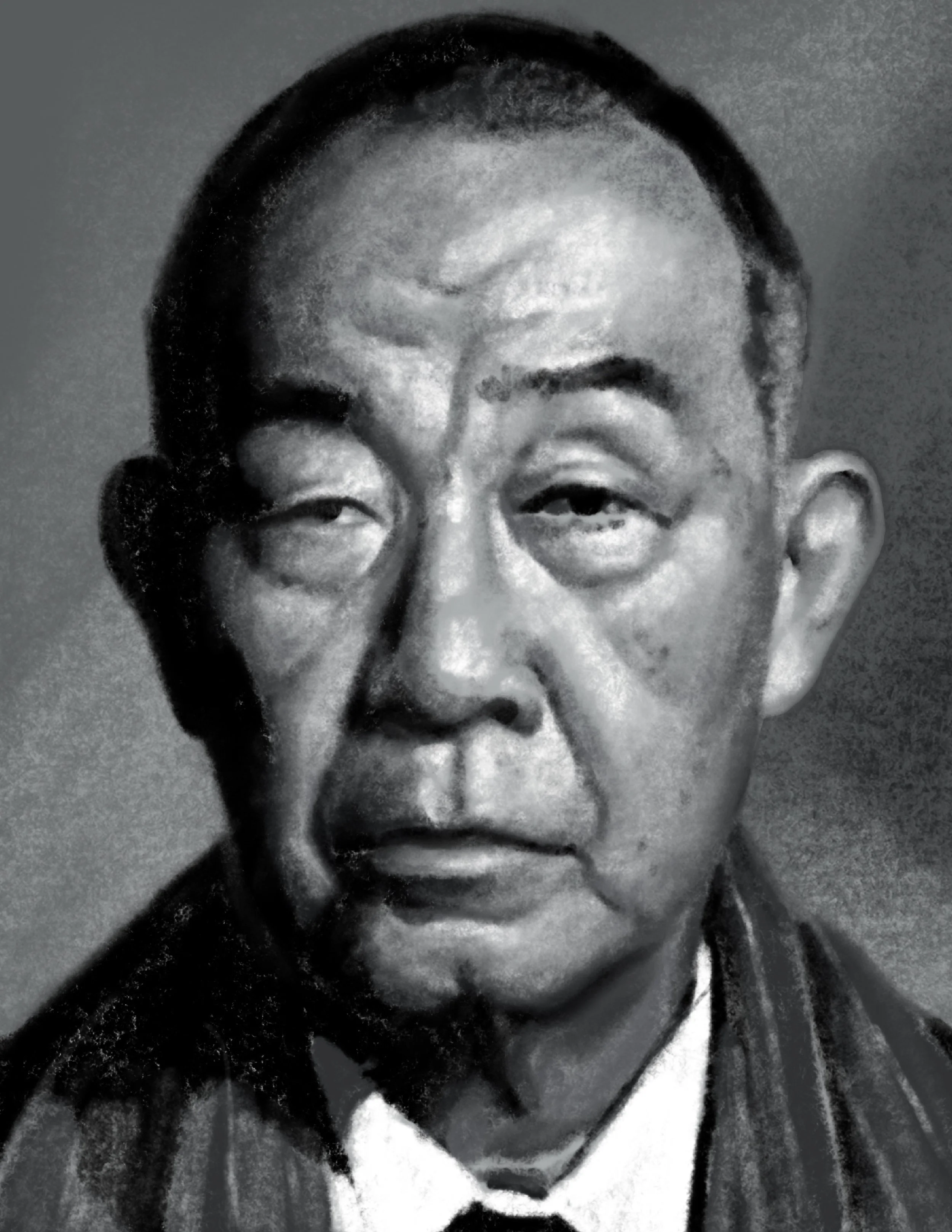 A black and white portrait of a man with short hair, and a serious expression, wearing a formal shirt and tie.