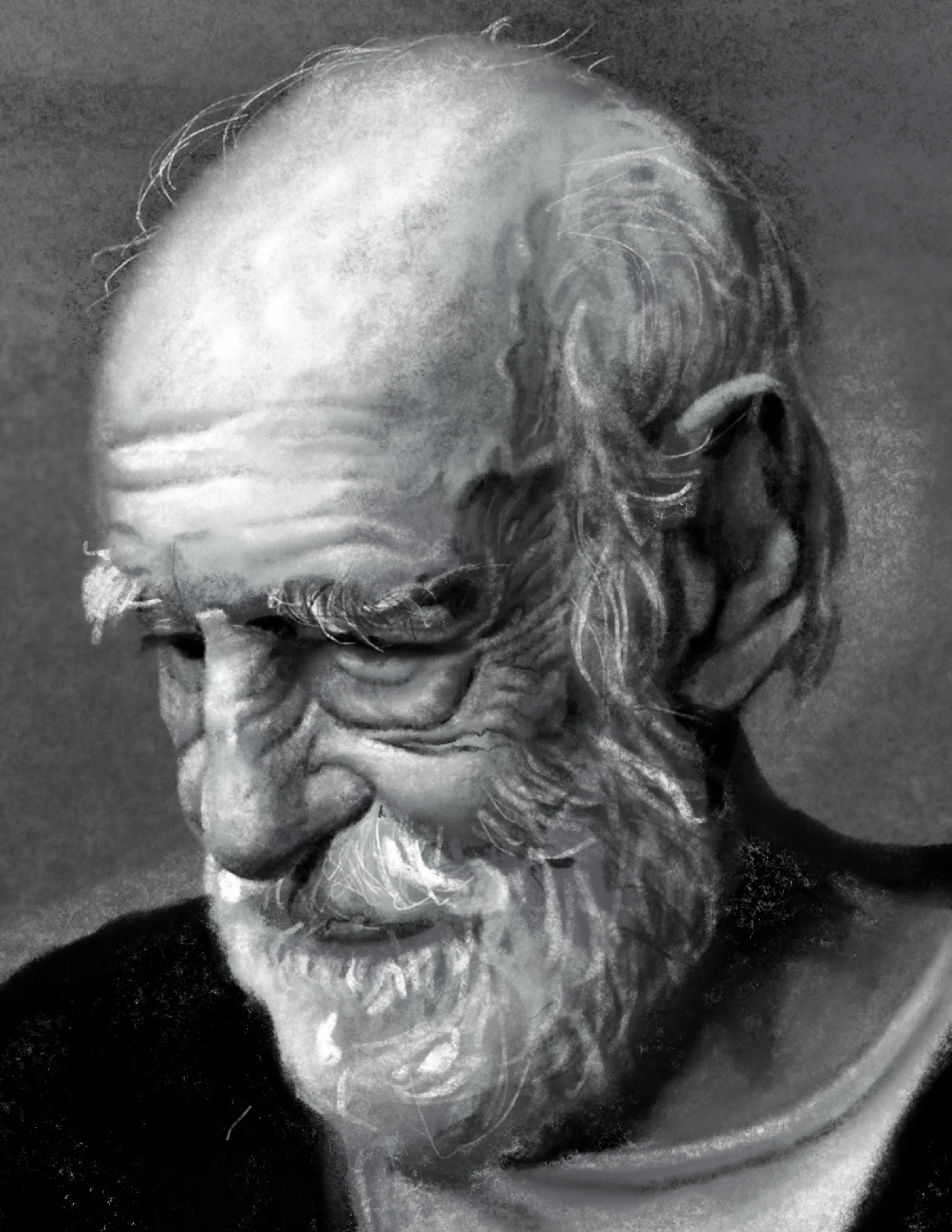 Close-up black and white image of old man, with a full beard, looking downward.