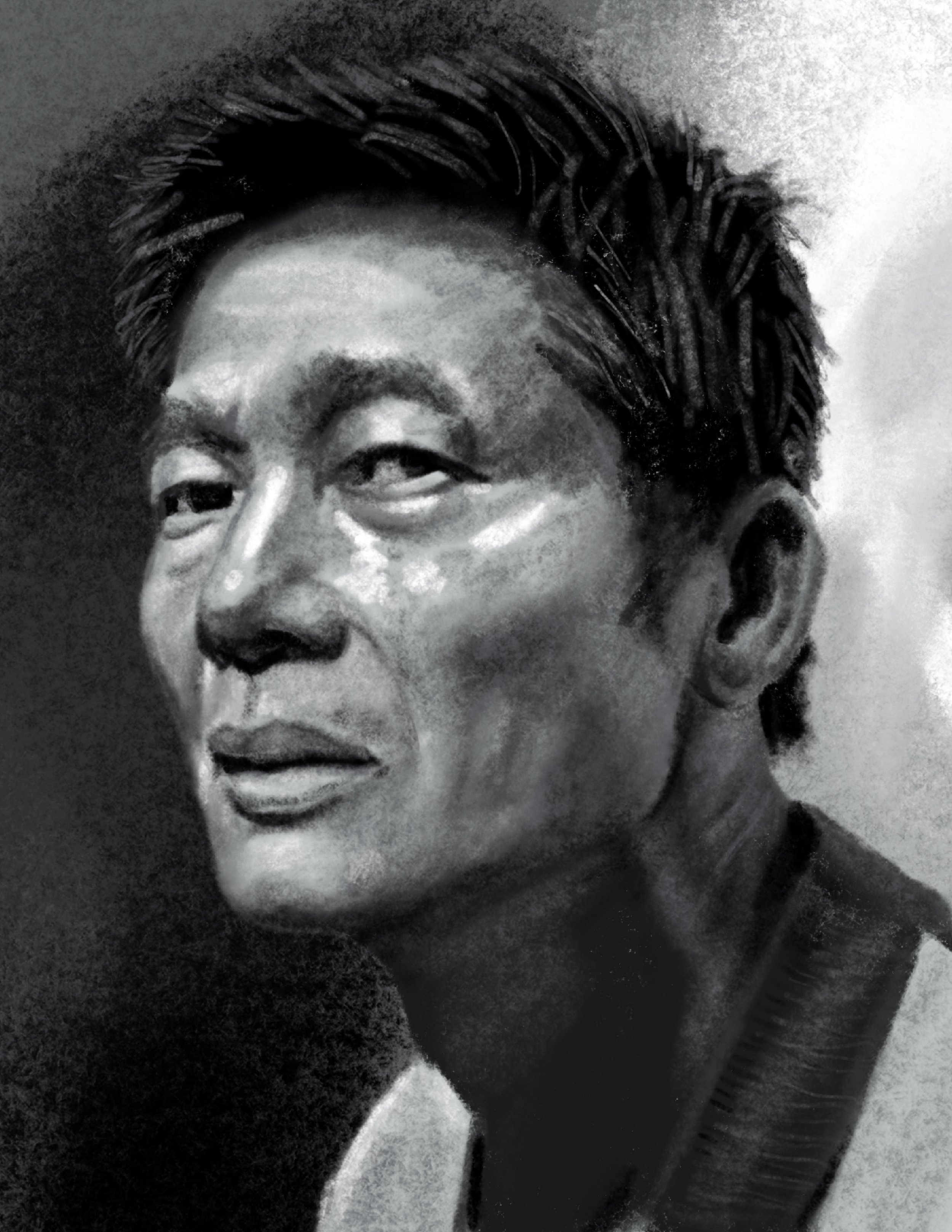 Close-up of a person's face, with short, spiky hair, in black and white photographic style.
