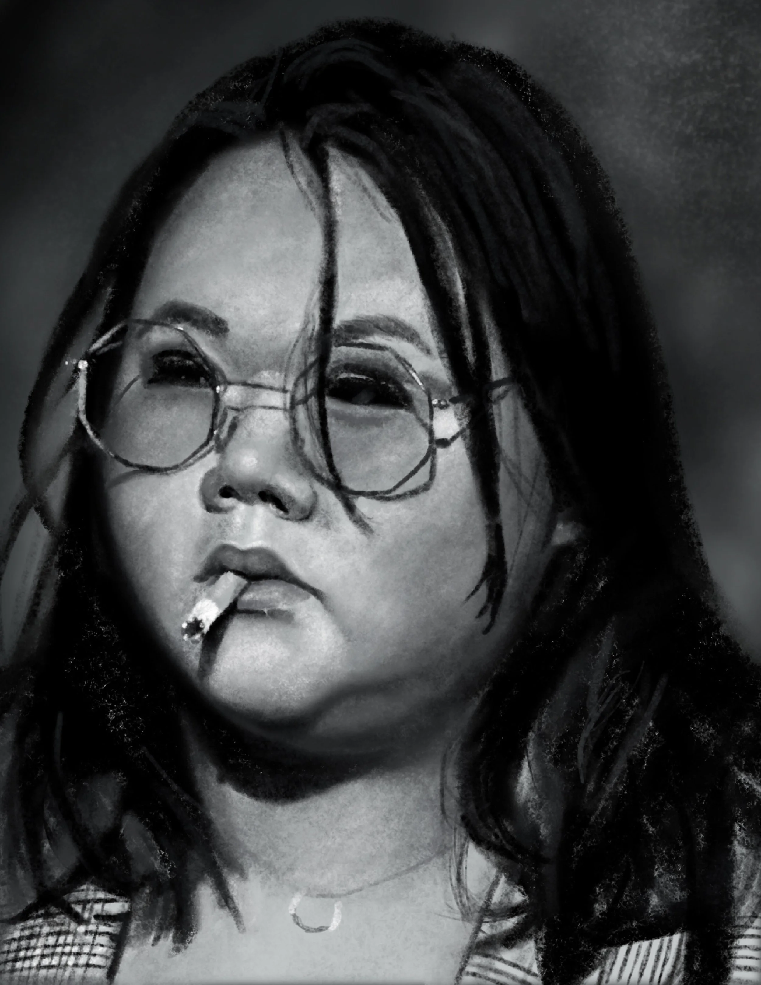 A black-and-white illustration of a woman with long hair, wearing glasses, and smoking a cigarette..