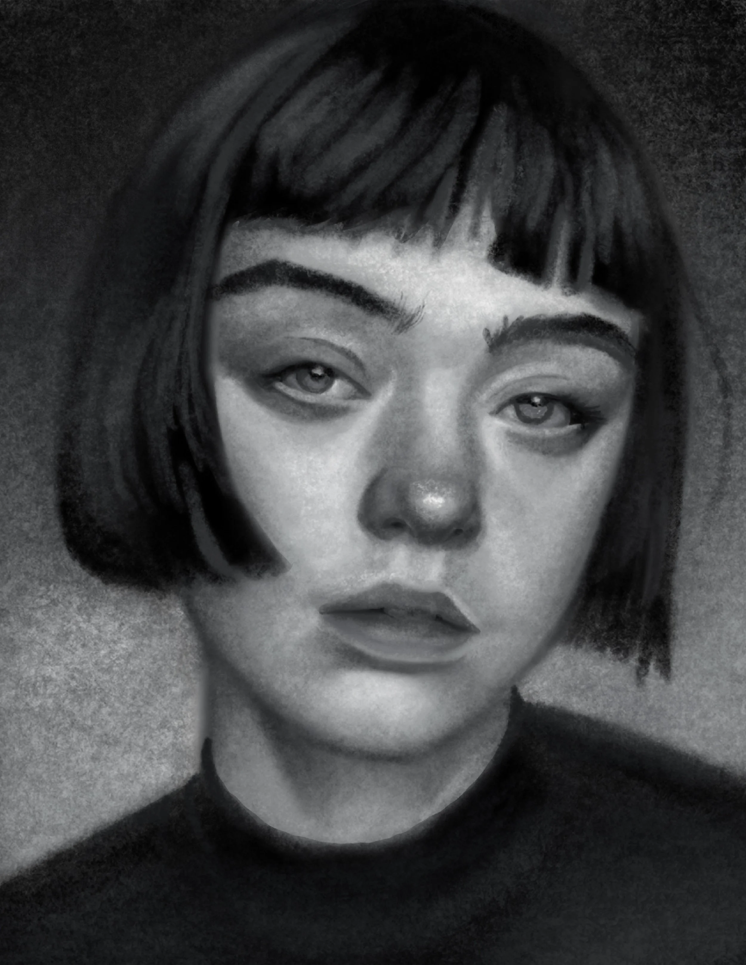 Black and white close-up portrait of a young woman with straight, bangs hairstyle and striking eyes, looking directly at the camera.