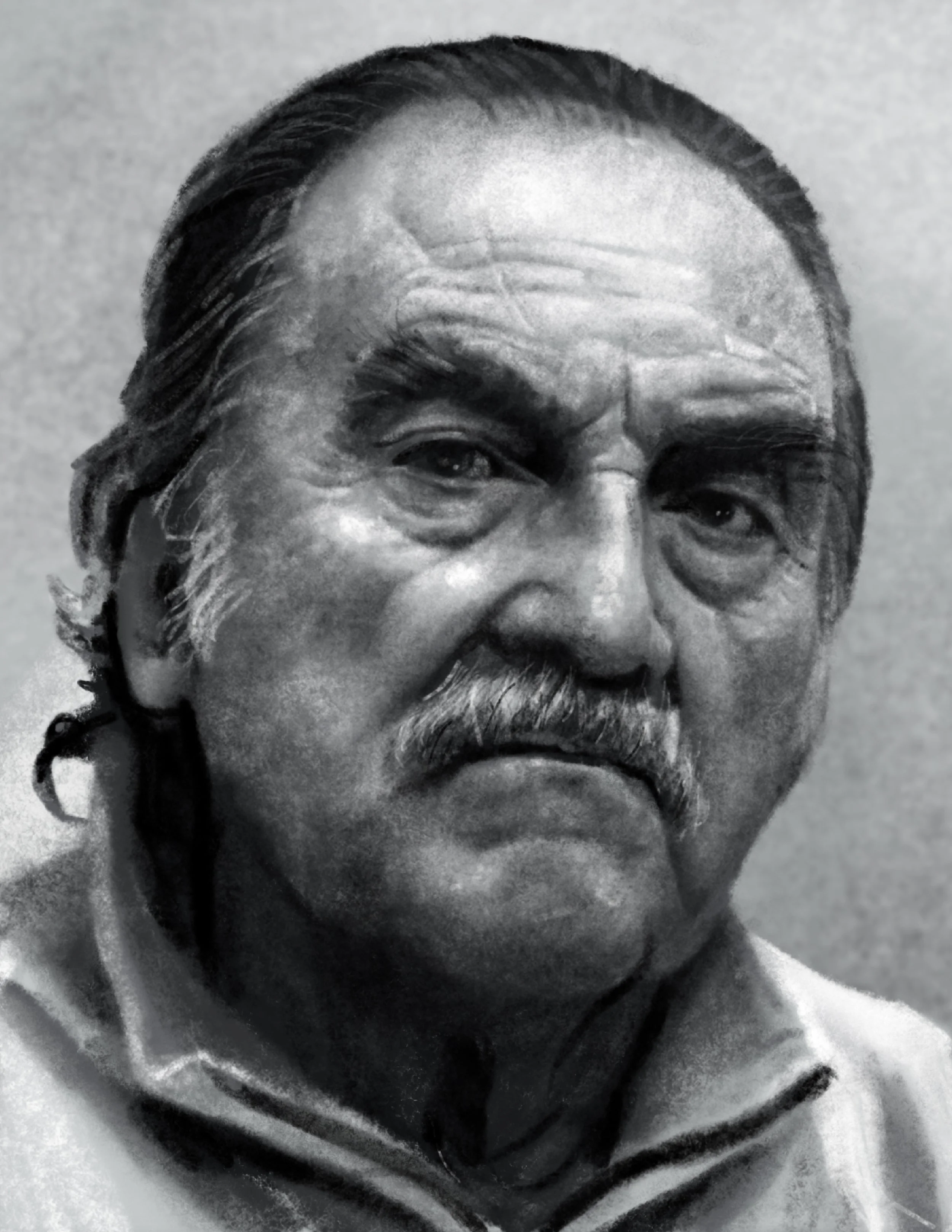 Close-up black and white photo of an elderly man with facial wrinkles and traditional attire, looking directly at the camera.