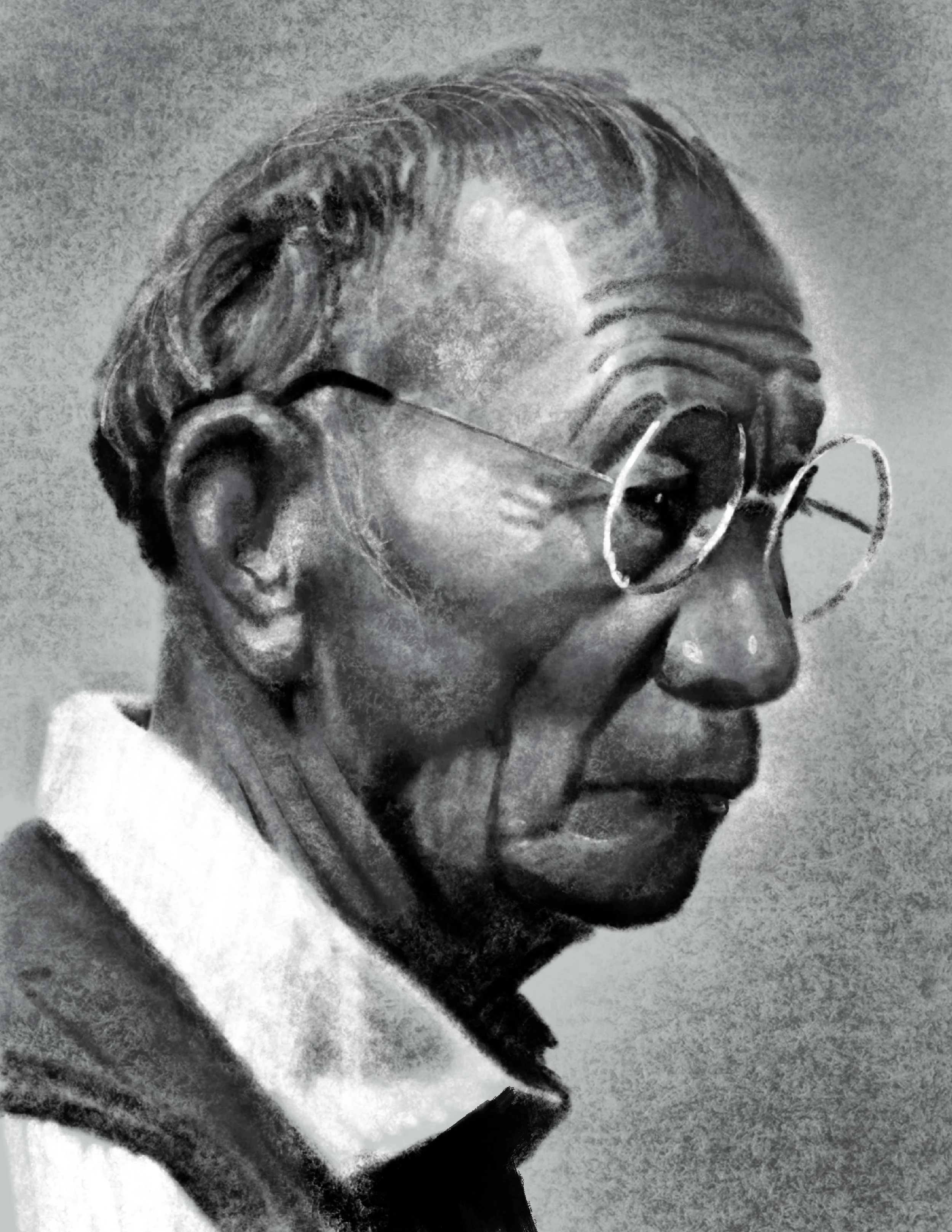 Black and white drawing of a person wearing sunglasses, with short hair, facing to the right.