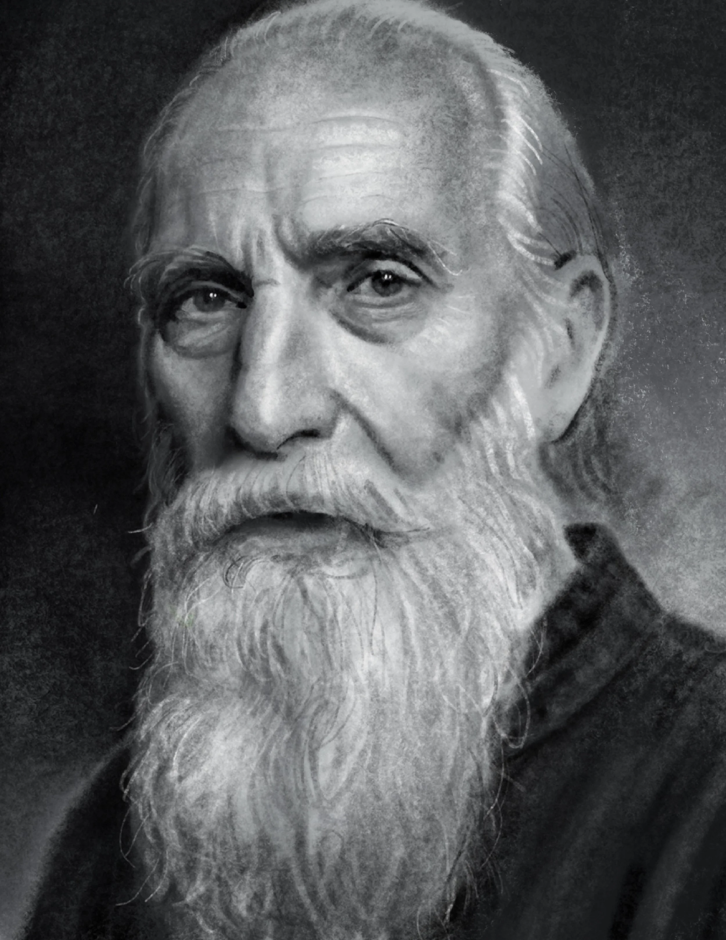 A black and white portrait of an elderly man with a long white beard and hair, looking slightly to the side.