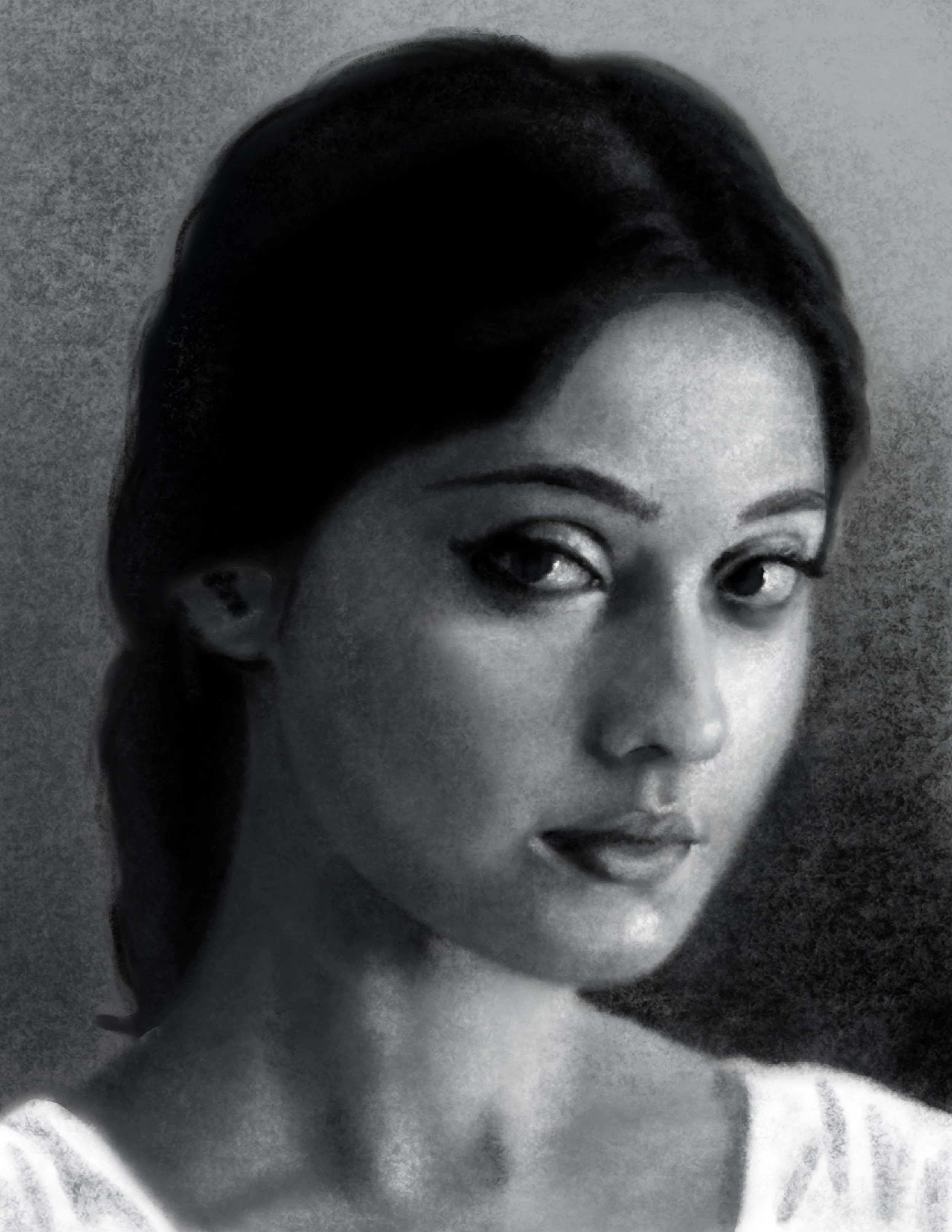 Black and white portrait of a woman with dark hair and expressive eyes, looking directly at the camera.