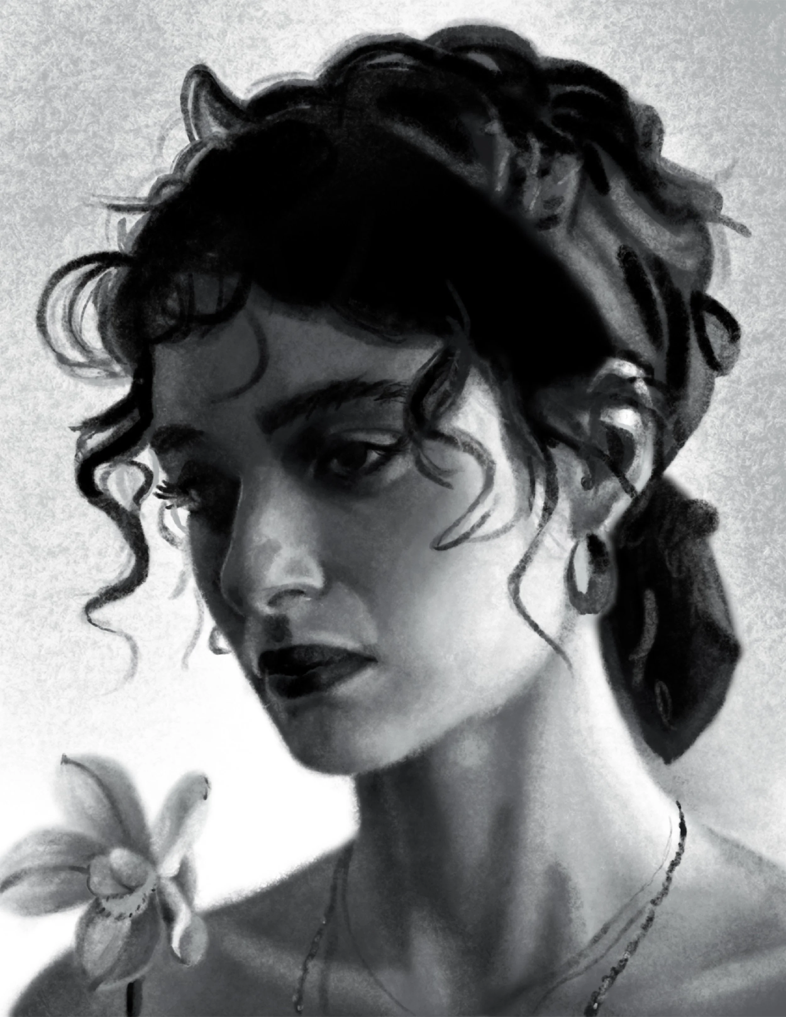 Black and white portrait of a woman with curly hair, looking down, with soft lighting and textured background.