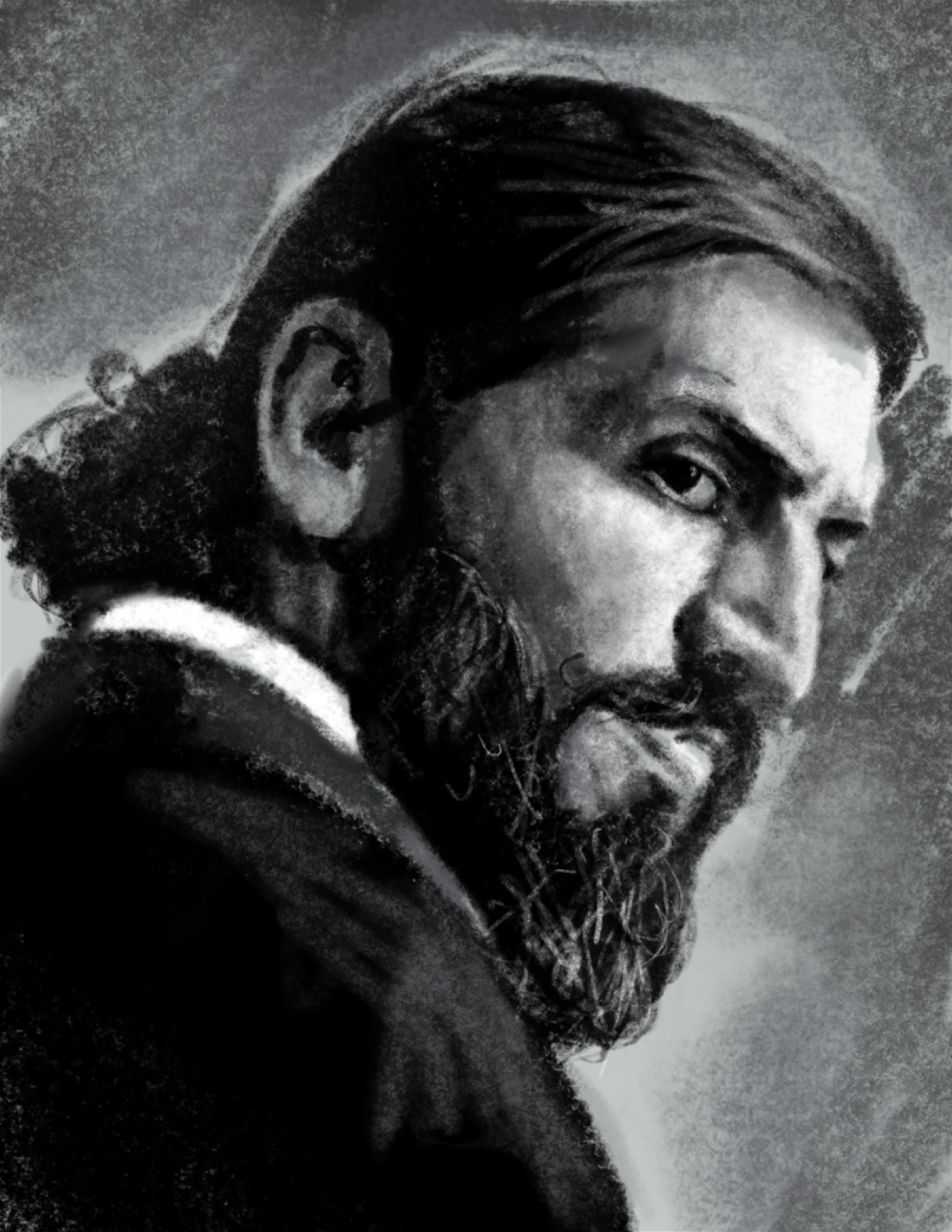 A black and white portrait of a man with long hairstyle, beard, and serious expression, wearing a jacket with a raised collar.