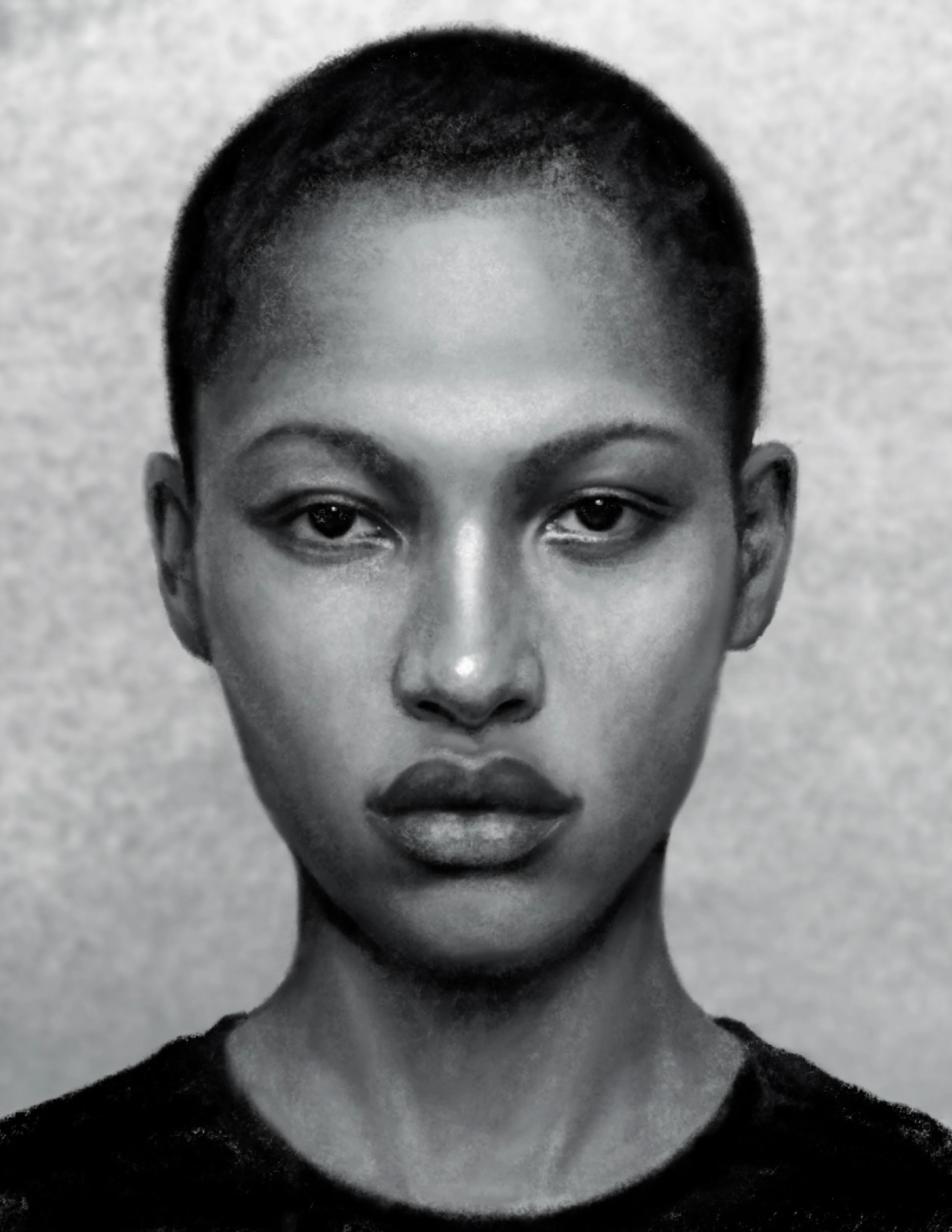 Black and white portrait of a young person with short hair, looking directly at the camera, with a neutral expression, against a light background.