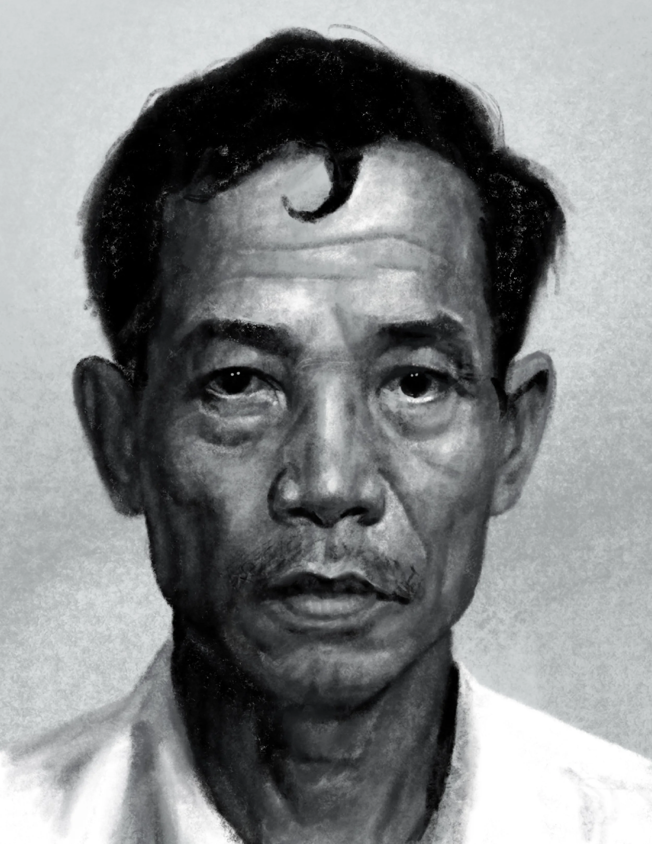 Close-up black and white portrait of an Asian man with glasses and short hair, with part of a white shirt visible.
