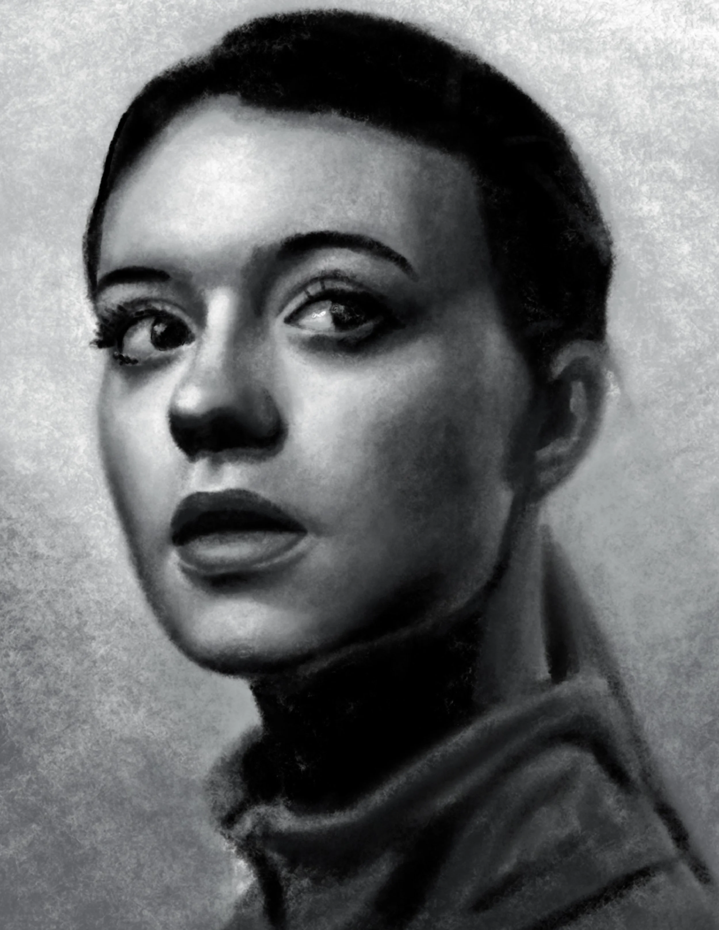 Black and white portrait of a woman with short dark hair, emphasized eyebrows, and glossy lips, looking to her right.