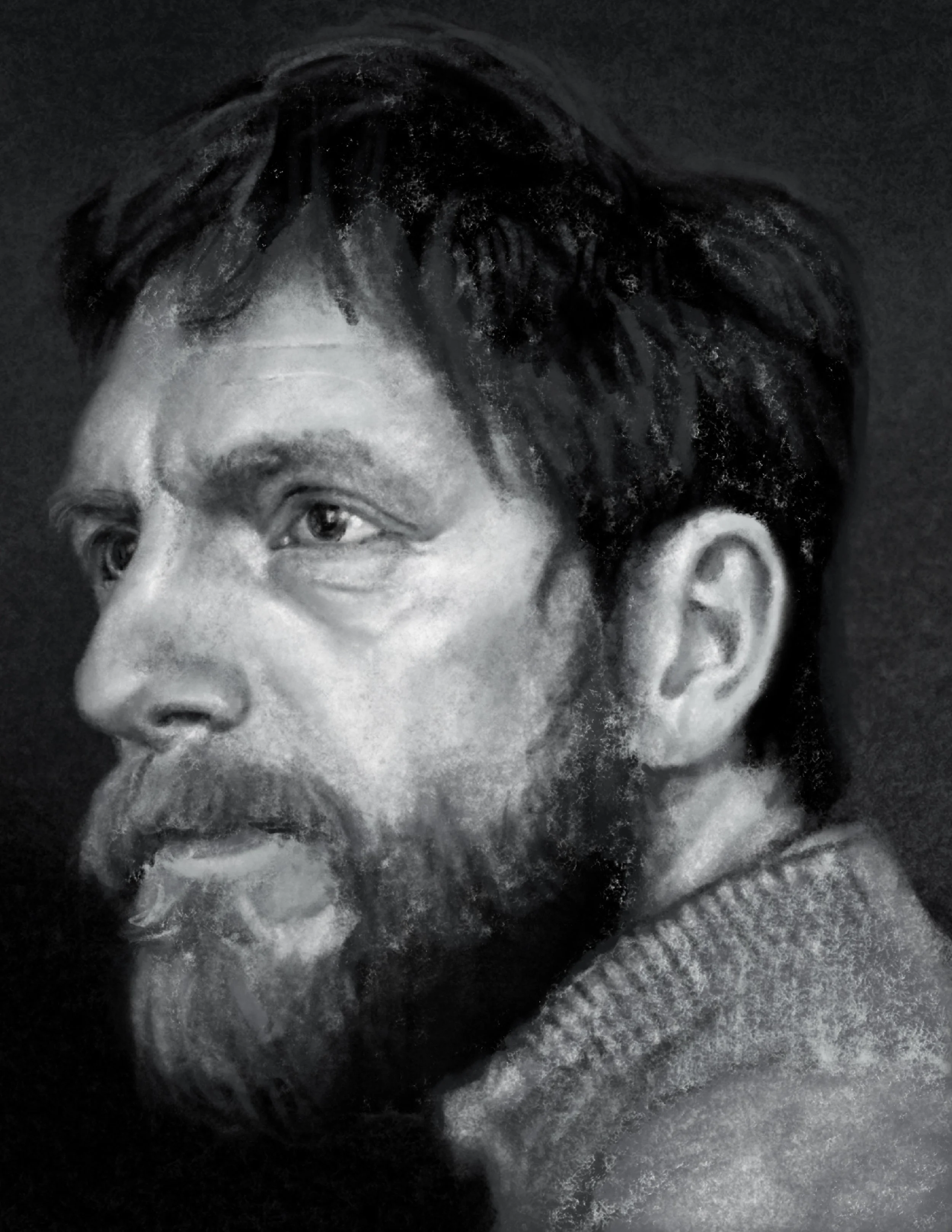 Black and white close-up portrait of a man's face with detailed focus on his eye, hair, and beard.