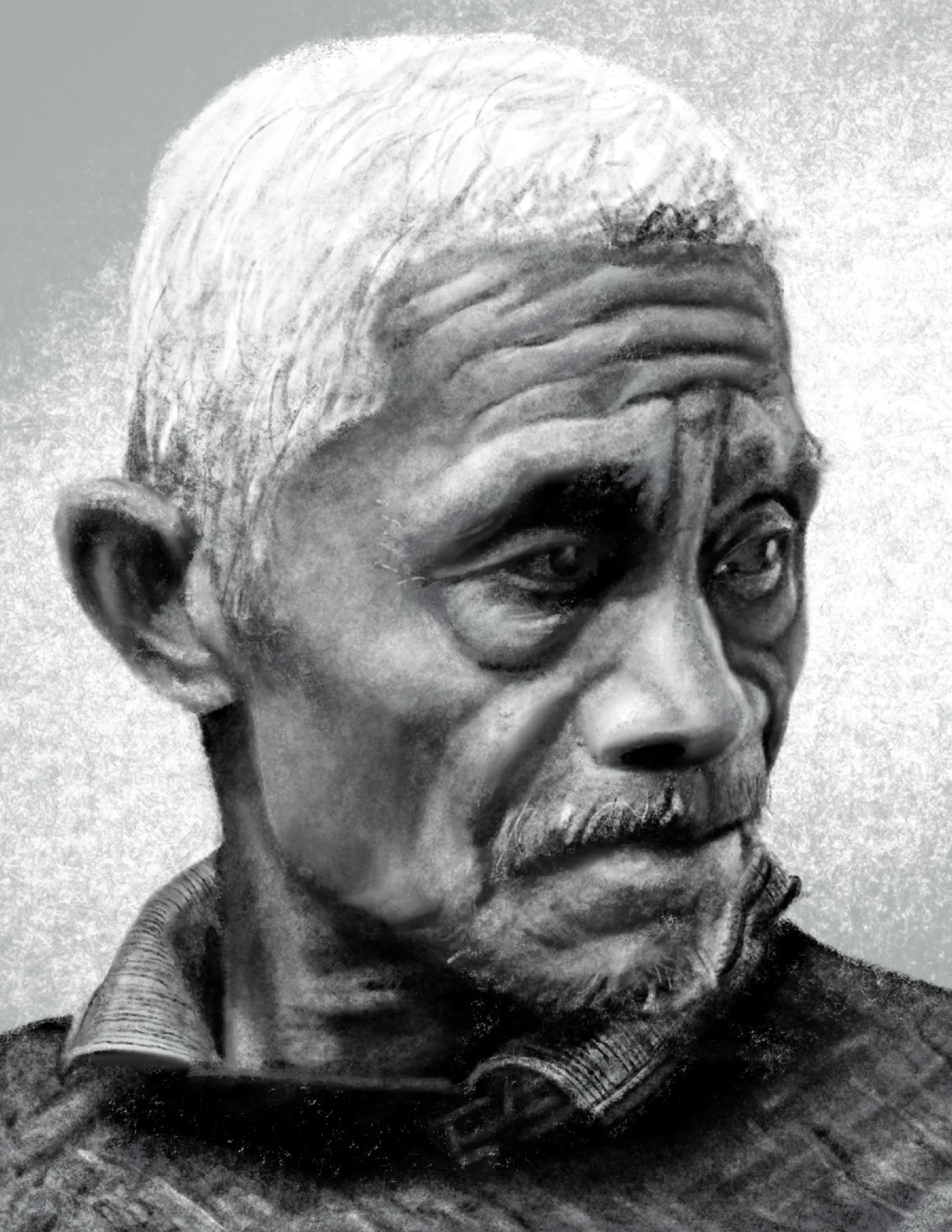 Close-up of a charcoal or pencil sketch of an elderly man's face, with detailed wrinkles, and a contemplative expression.
