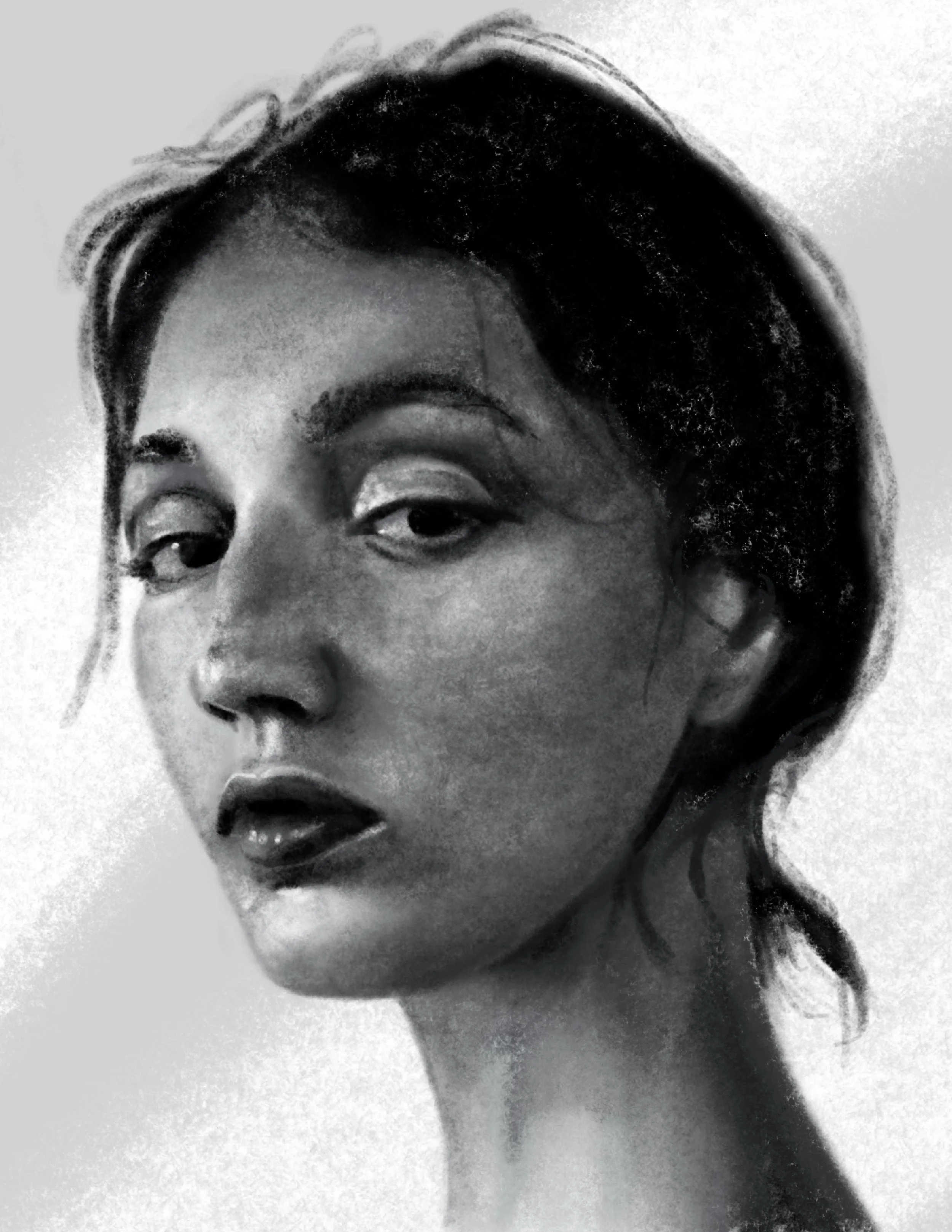 Close-up black and white photo of a woman with styled hair, wearing makeup, and looking to the side.