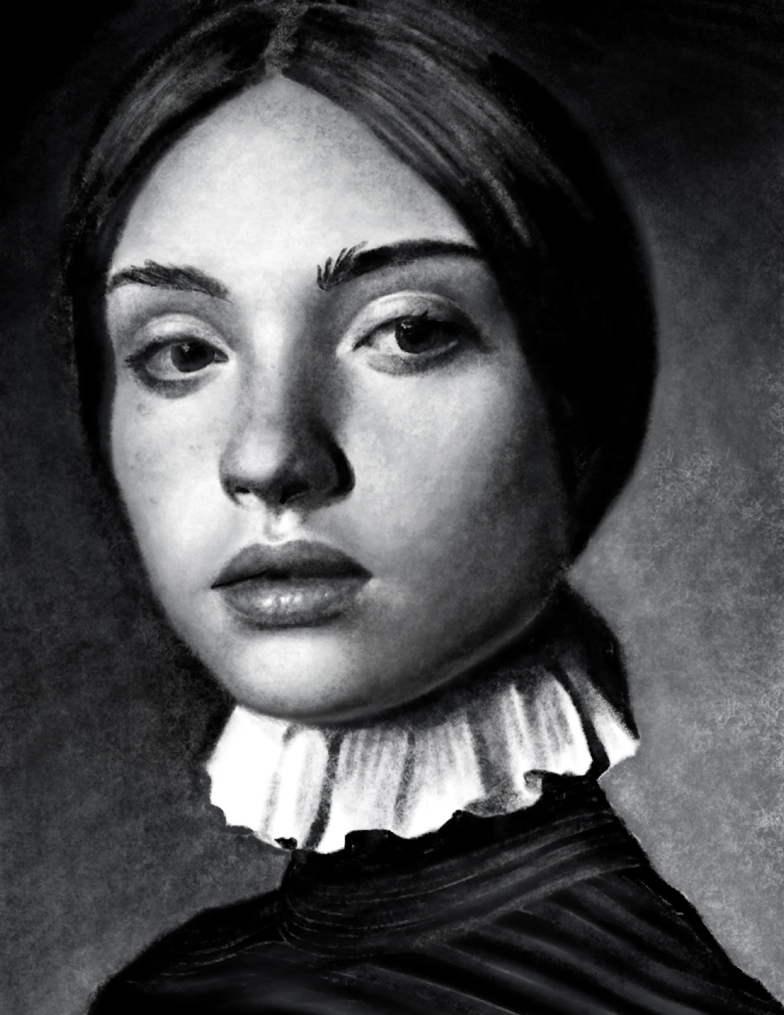 Black and white portrait of a woman with dark hair styled in waves, wearing a ruffled collar, with a serious expression.