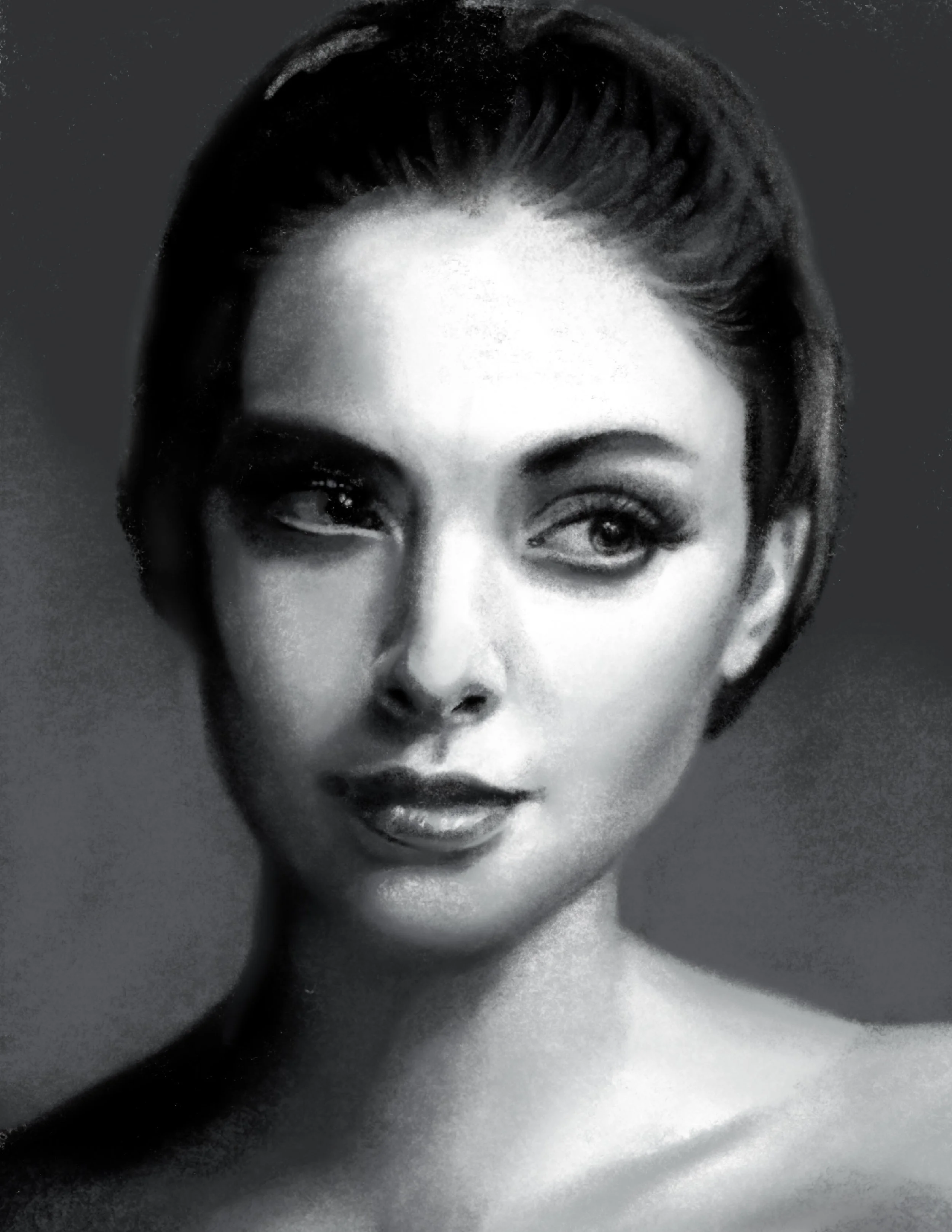Black and white close-up portrait of a woman's face, emphasizing her eyes, eyebrows, nose, and lips, with a soft-focus background.