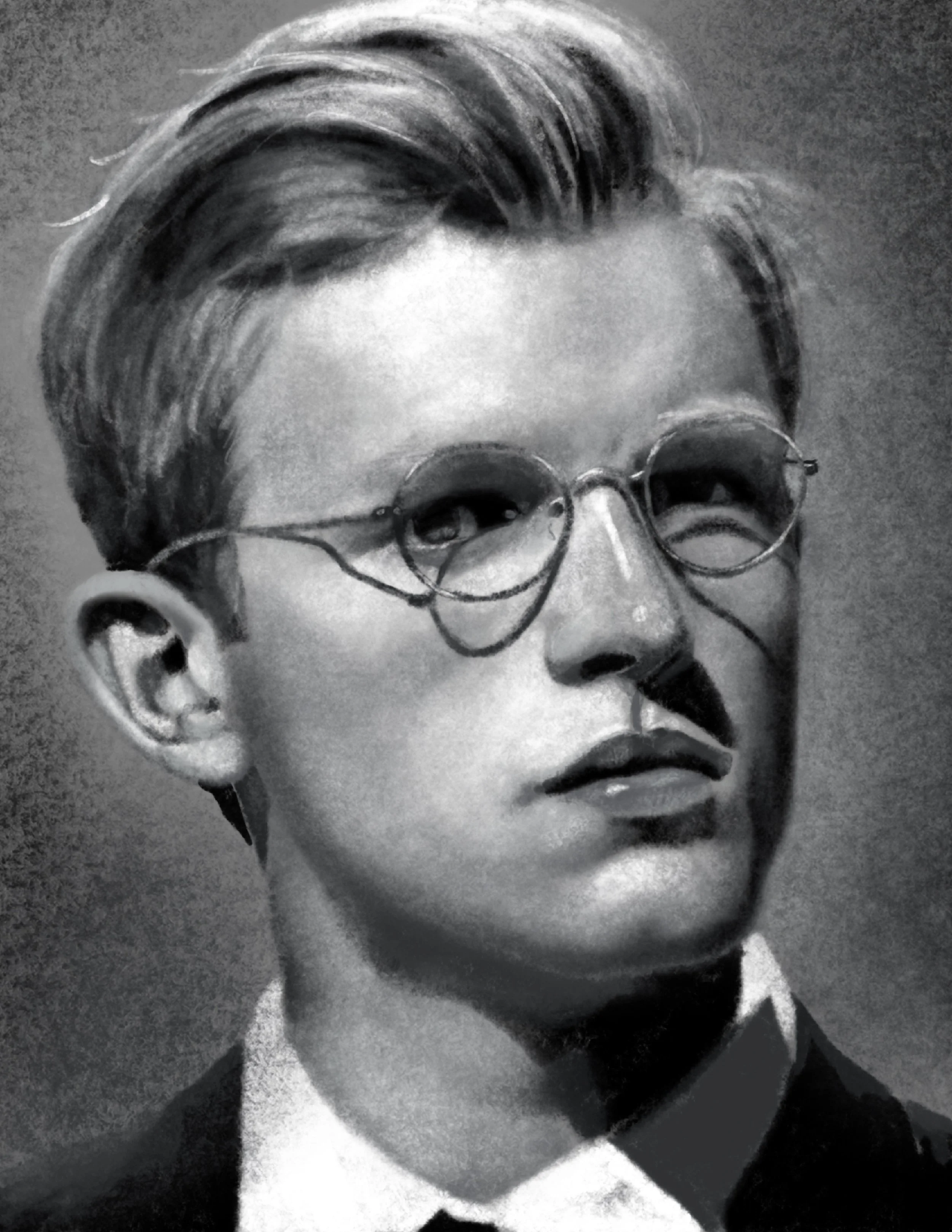 Black and white portrait of a person with short, styled hair, wearing round glasses, a mustache, and a goatee, looking slightly to the side.
