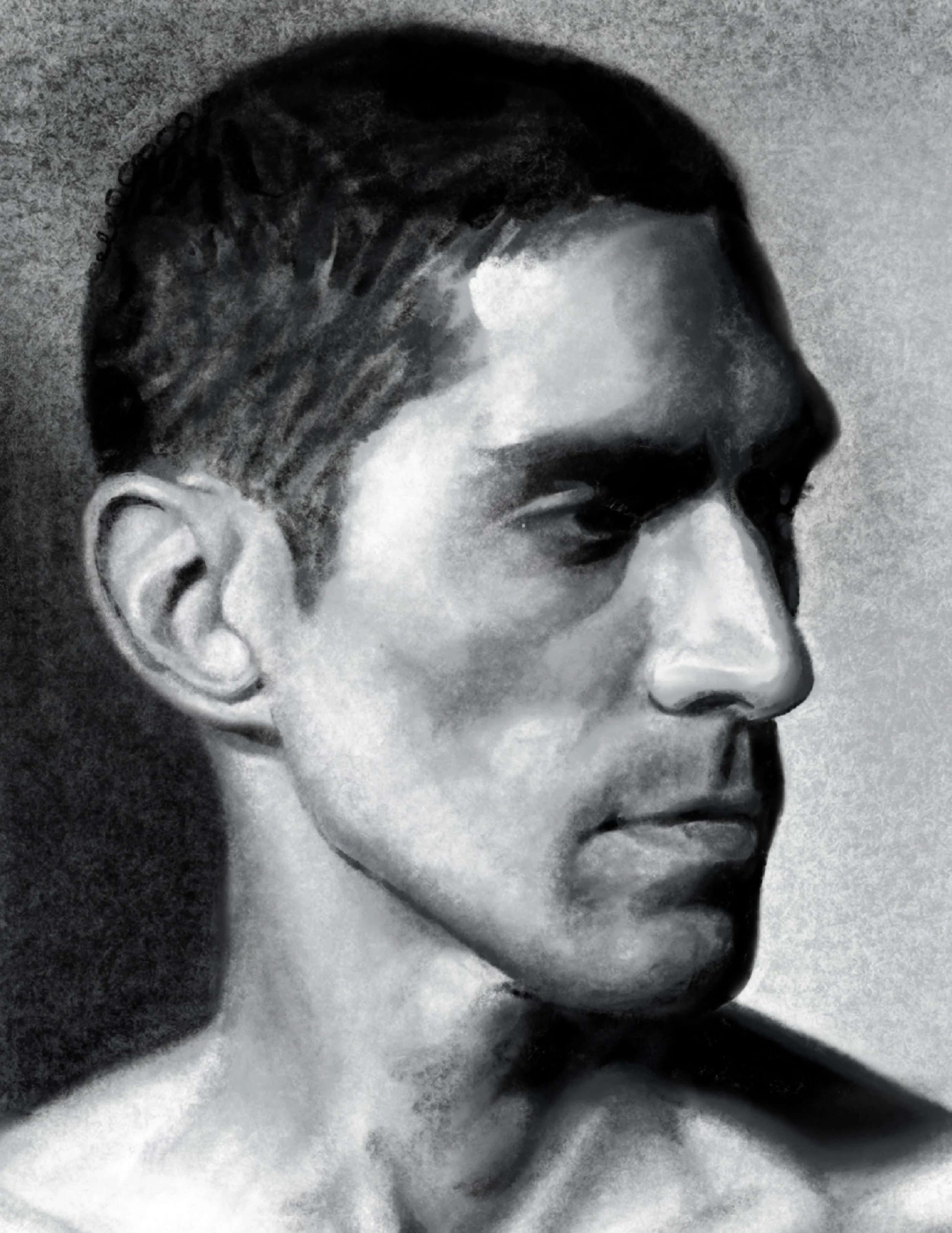 Black and white close-up portrait of a man's face in profile, with curly hair, closed eyes, and a serious expression.