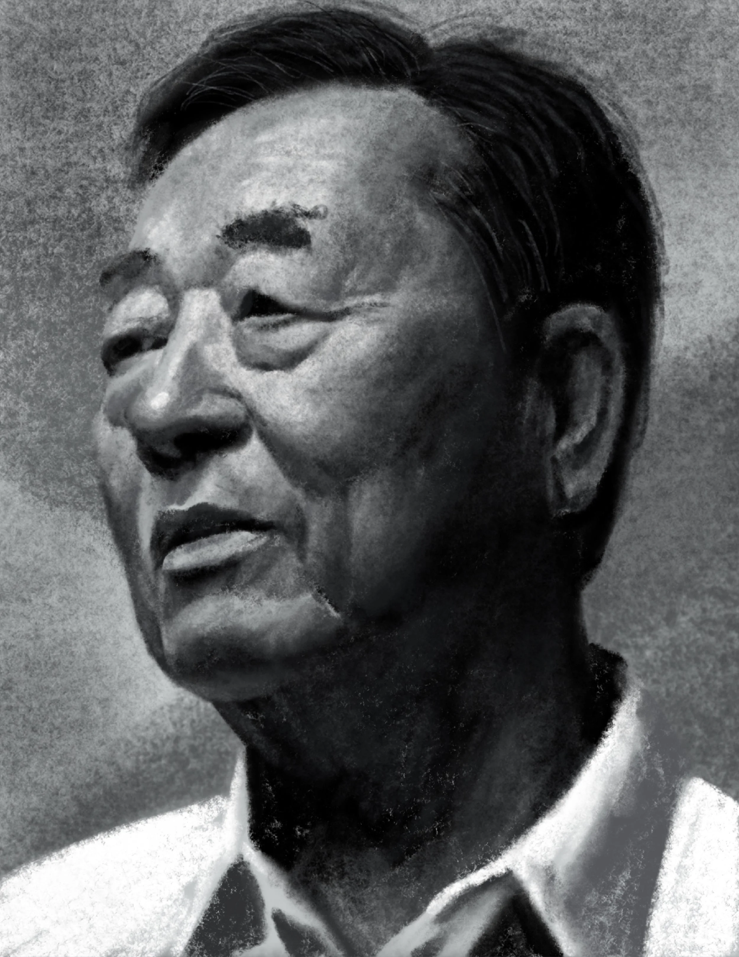 Black and white portrait photograph of a person with an Asian appearance, short hair, and wearing a collared shirt, looking to the side.