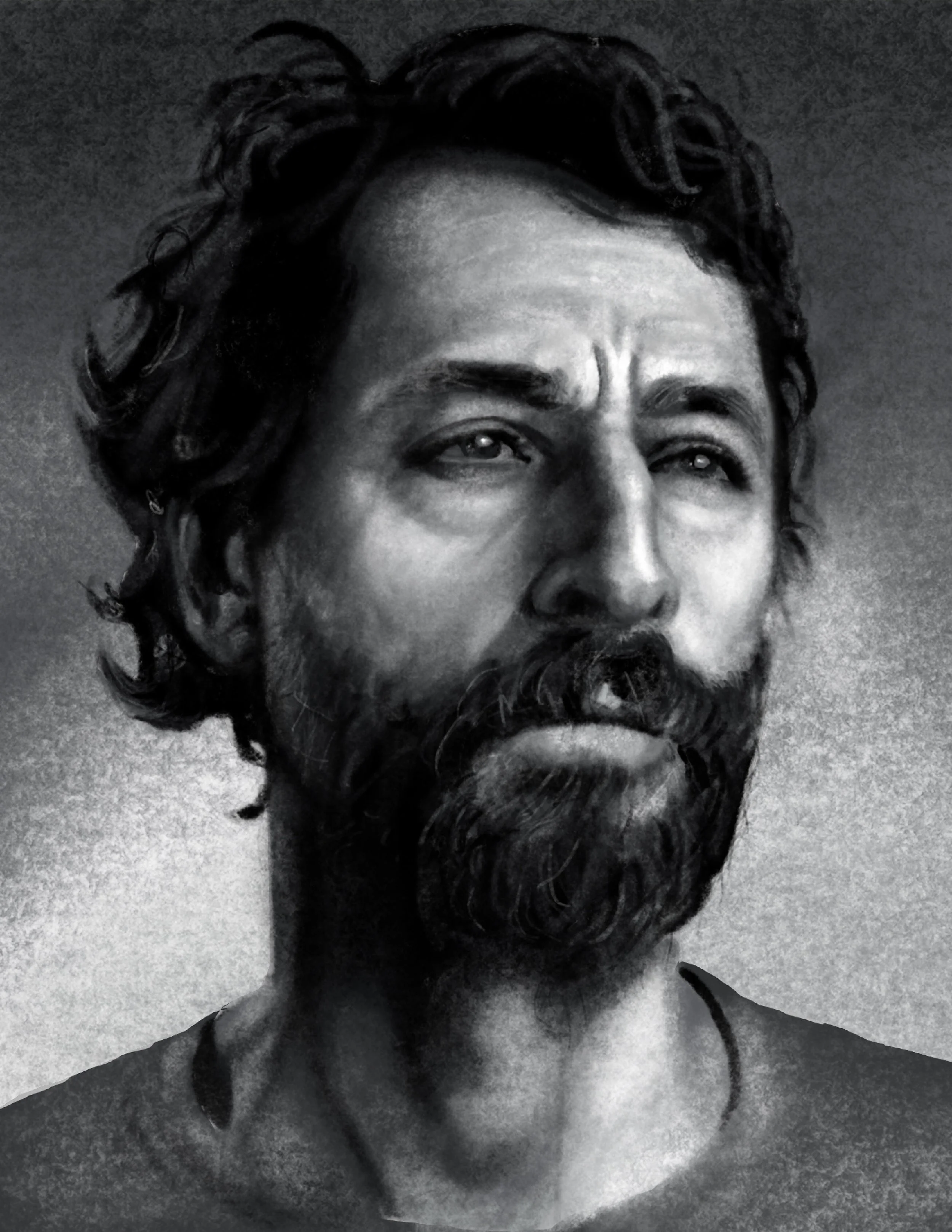 A black and white portrait of a man with curly hair and a beard, looking slightly upwards.