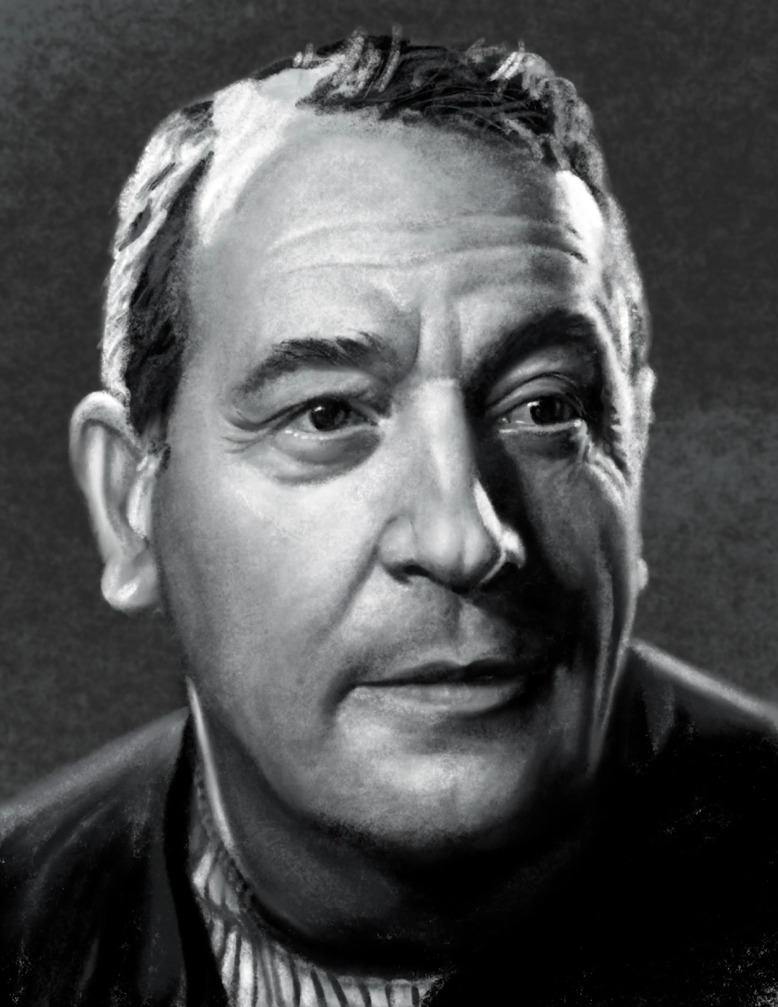 Close-up black-and-white photograph of a man's face, showing his left eye, eyebrow, and part of his forehead, with a textured dark background.