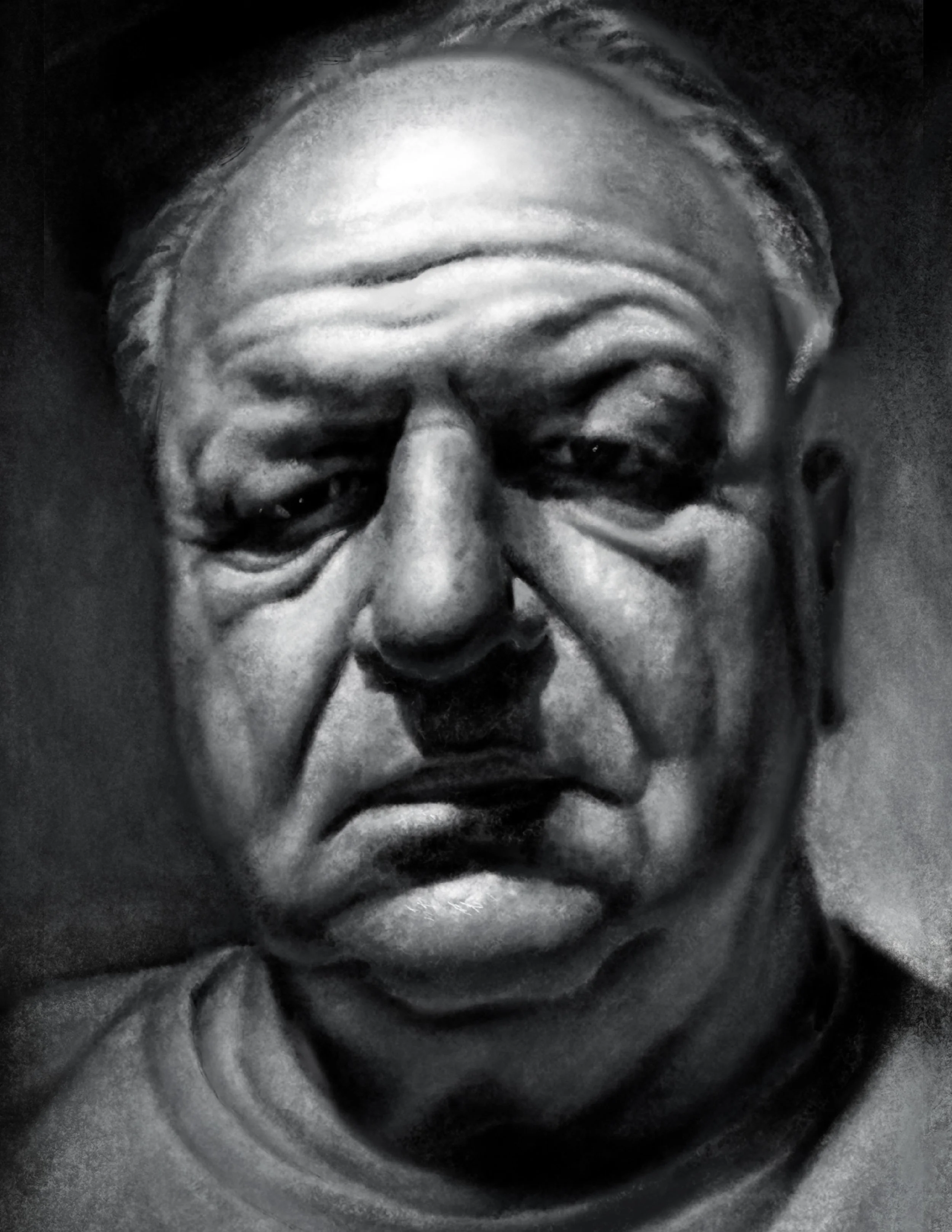 Close-up black and white photo of a person's face, showing wrinkles on the forehead, closed eyes, and a serious expression.