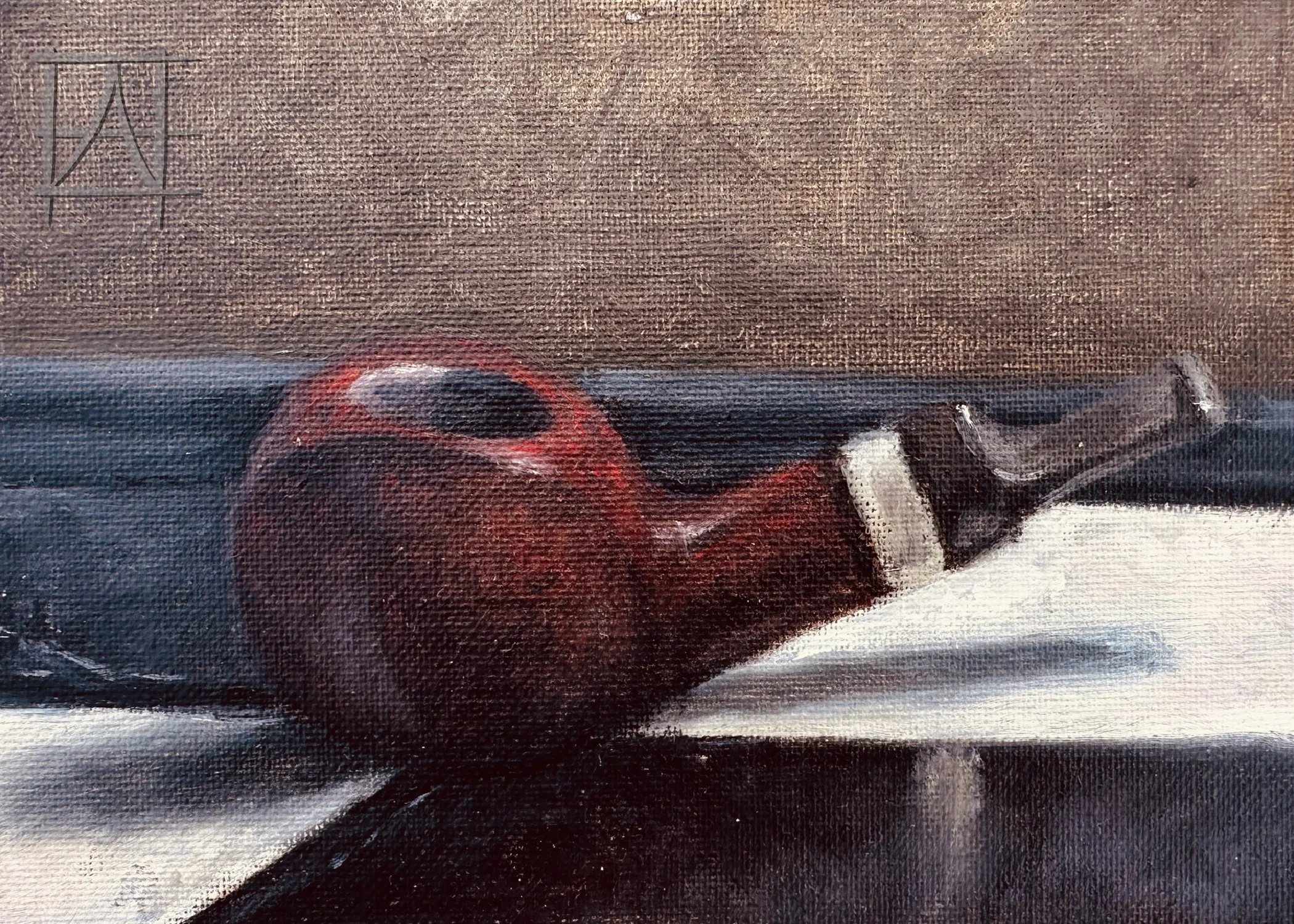 A painting of a pipe resting on a table with a wooden background.