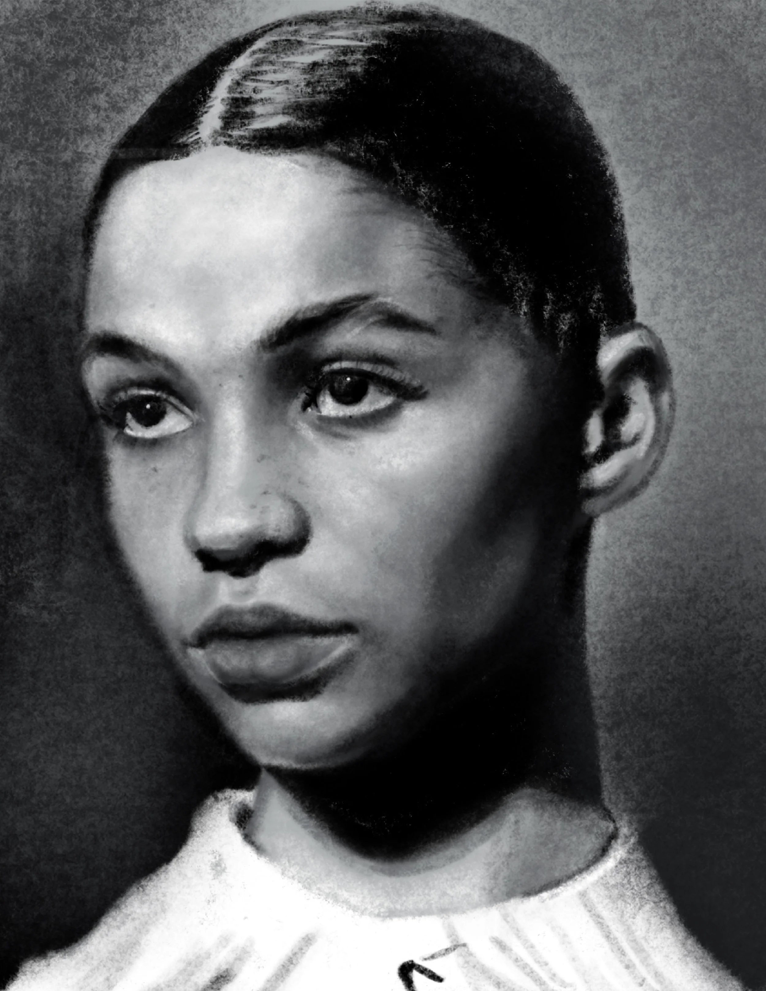 A black-and-white close-up portrait of a woman with short, dark hair, wearing a collared shirt.