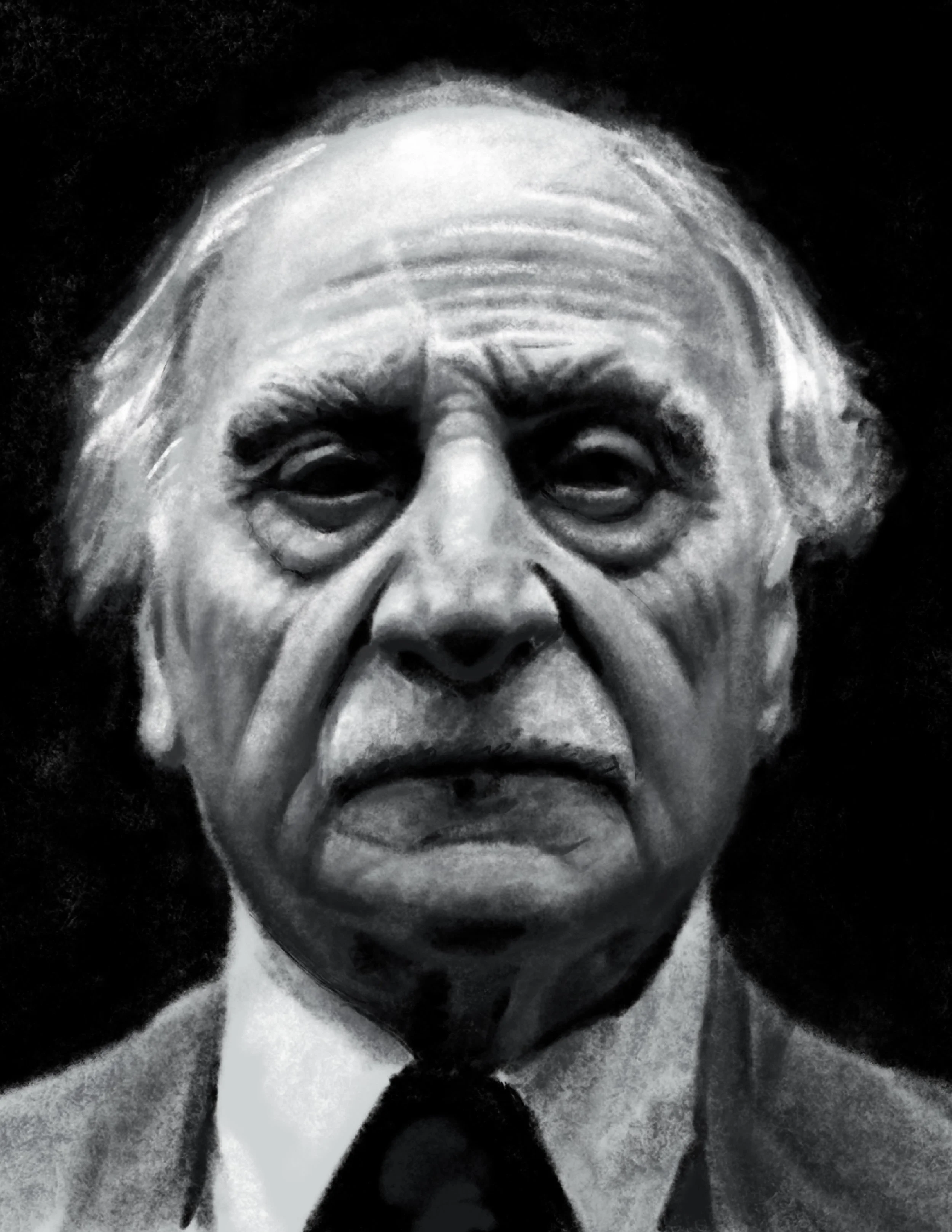 Black and white portrait of an elderly man with deep wrinkles on his forehead, dark eyebrows, and intense eyes. The man has white hair and is wearing a tuxedo with a bow tie.