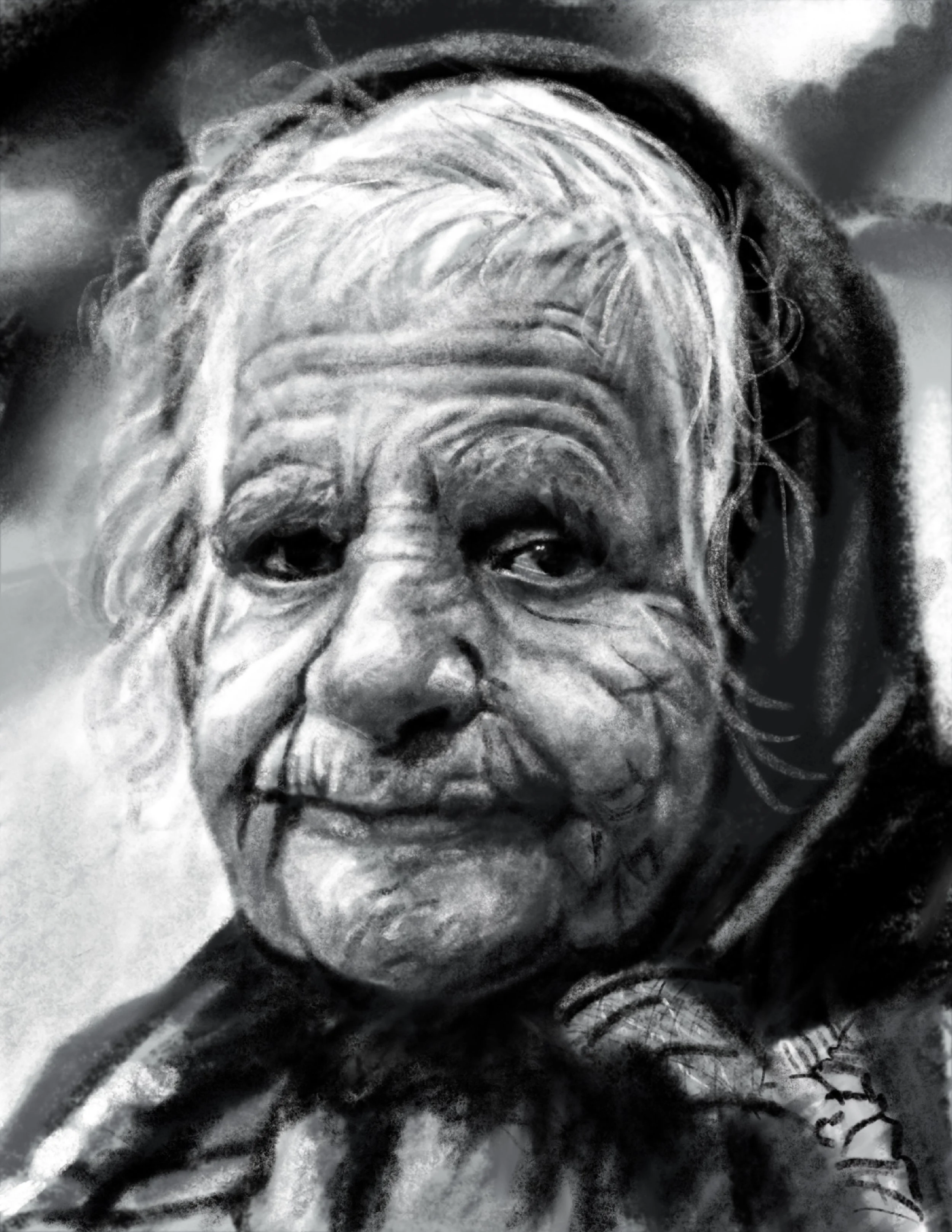 Black and white drawing of an elderly man with long hair and a beard, staring directly at the viewer.