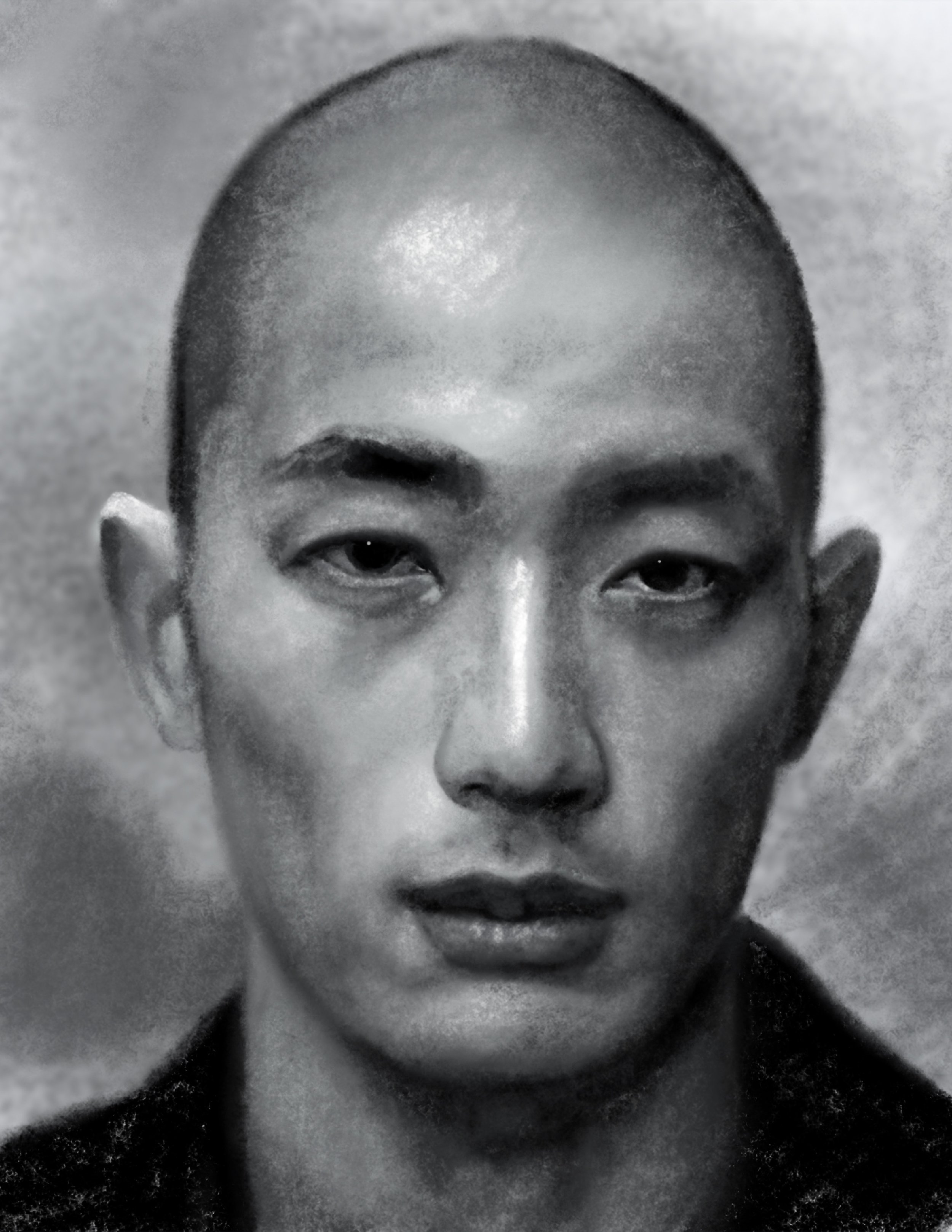 Black and white close-up of a young person's face, showing only the eyes, nose, and mouth. The person appears to be looking down or with eyes partly closed.