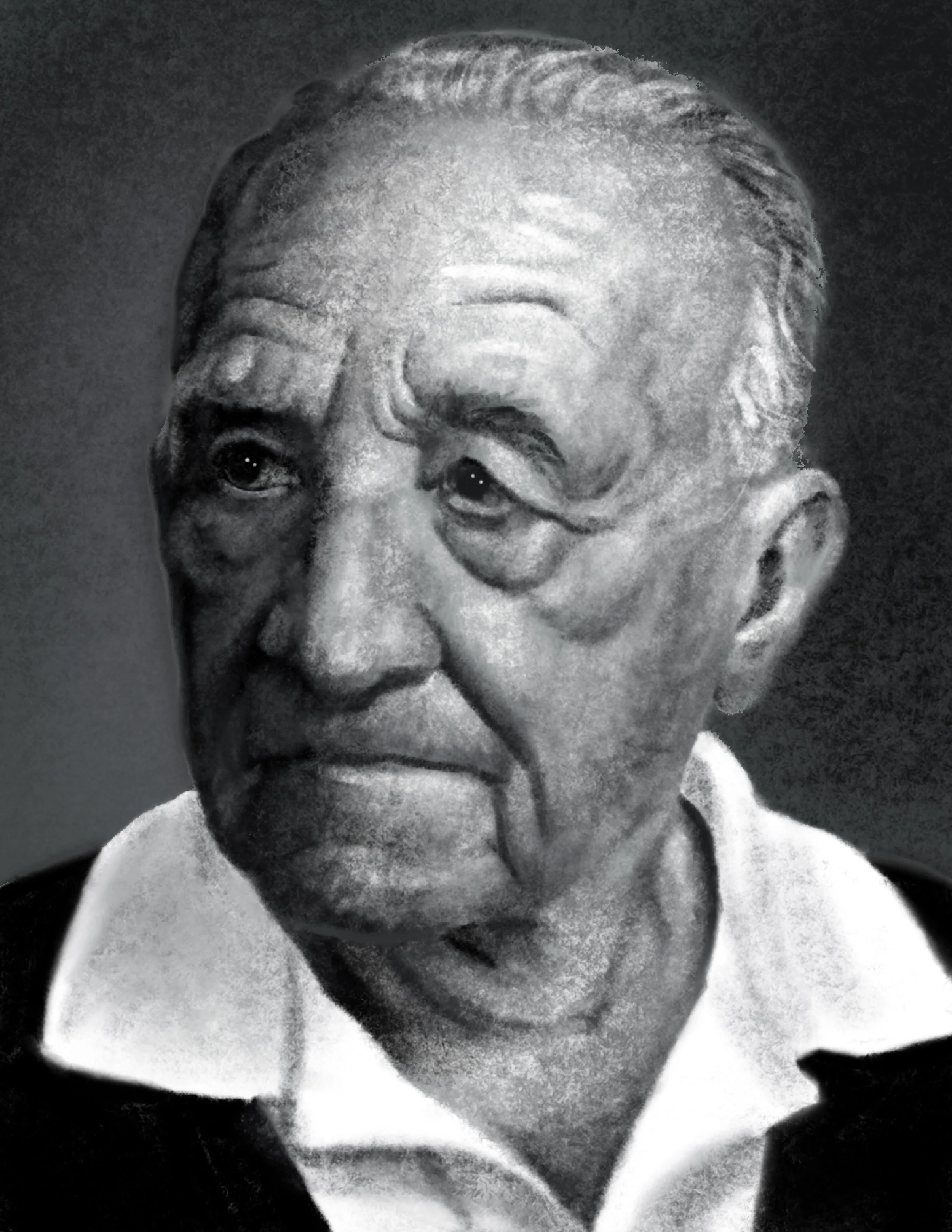 Close-up black and white portrait of an elderly man with short hair, and a serious expression.