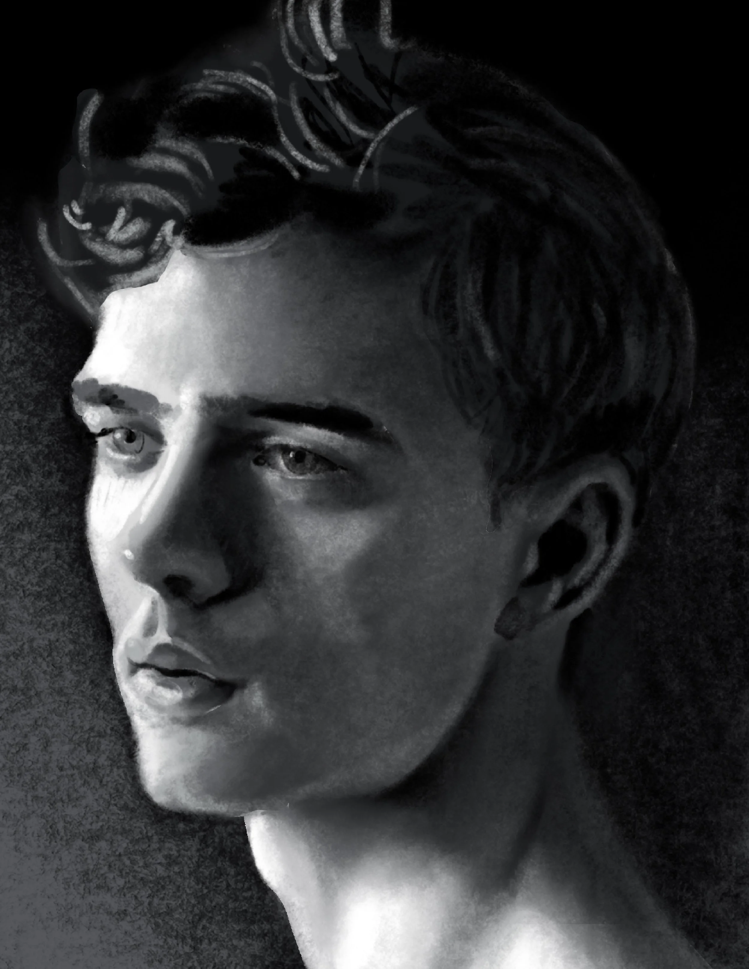 Close-up black and white photo of a young person's face, showing part of the forehead, eye, nose, and lips, with a shadowy background.